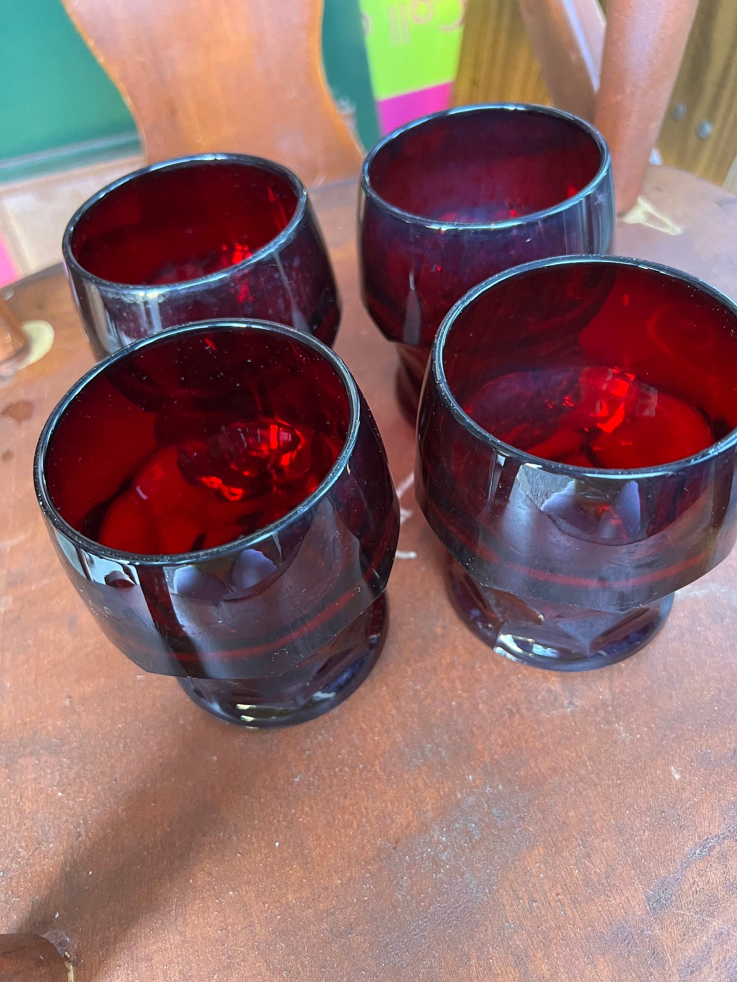 4 Vintage Fenton Royal Ruby Red Goblets Cups Glasses, glass tumblers Anchor Hocking Georgian pattern
