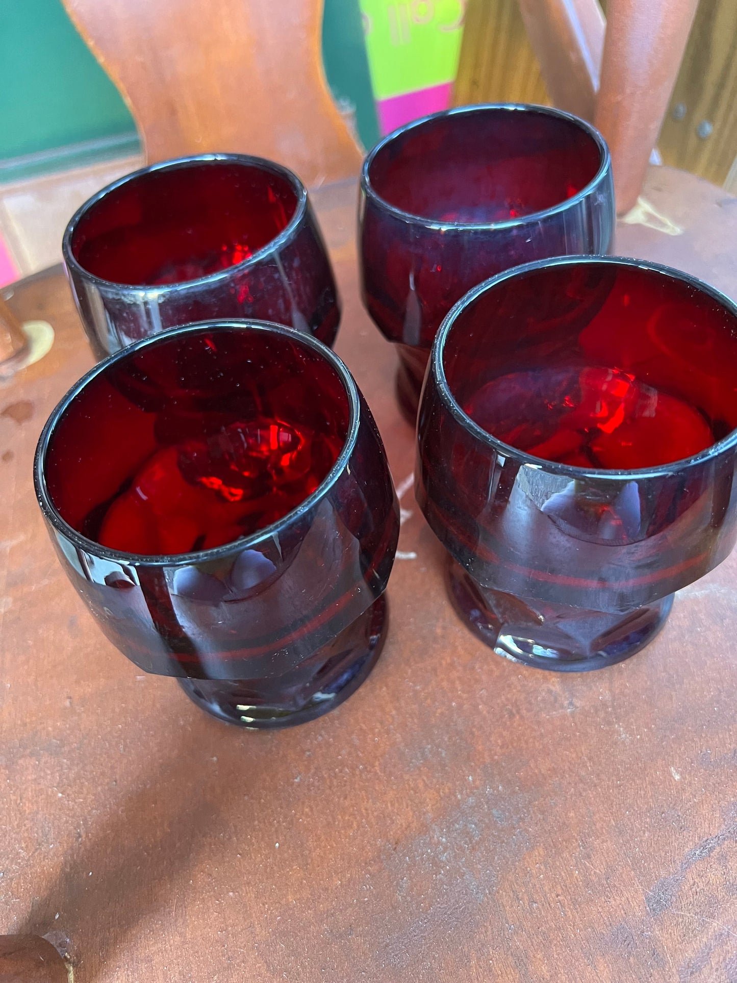 4 Vintage Fenton Royal Ruby Red Goblets Cups Glasses, glass tumblers Anchor Hocking Georgian pattern