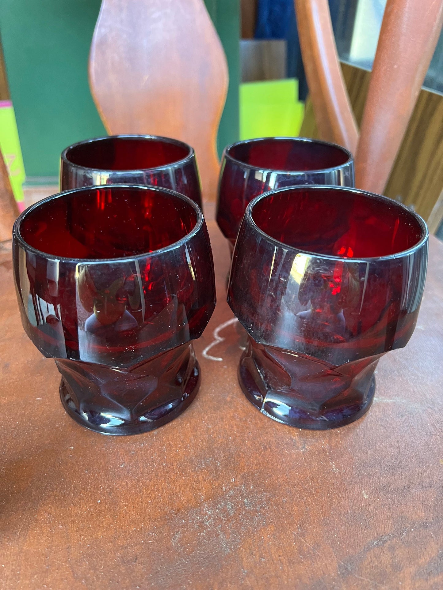 4 Vintage Fenton Royal Ruby Red Goblets Cups Glasses, glass tumblers Anchor Hocking Georgian pattern