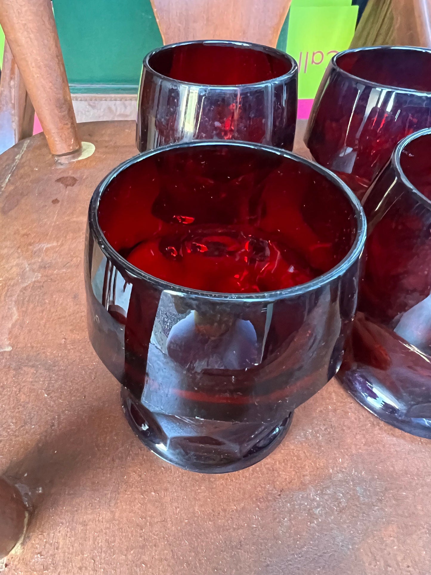 4 Vintage Fenton Royal Ruby Red Goblets Cups Glasses, glass tumblers Anchor Hocking Georgian pattern