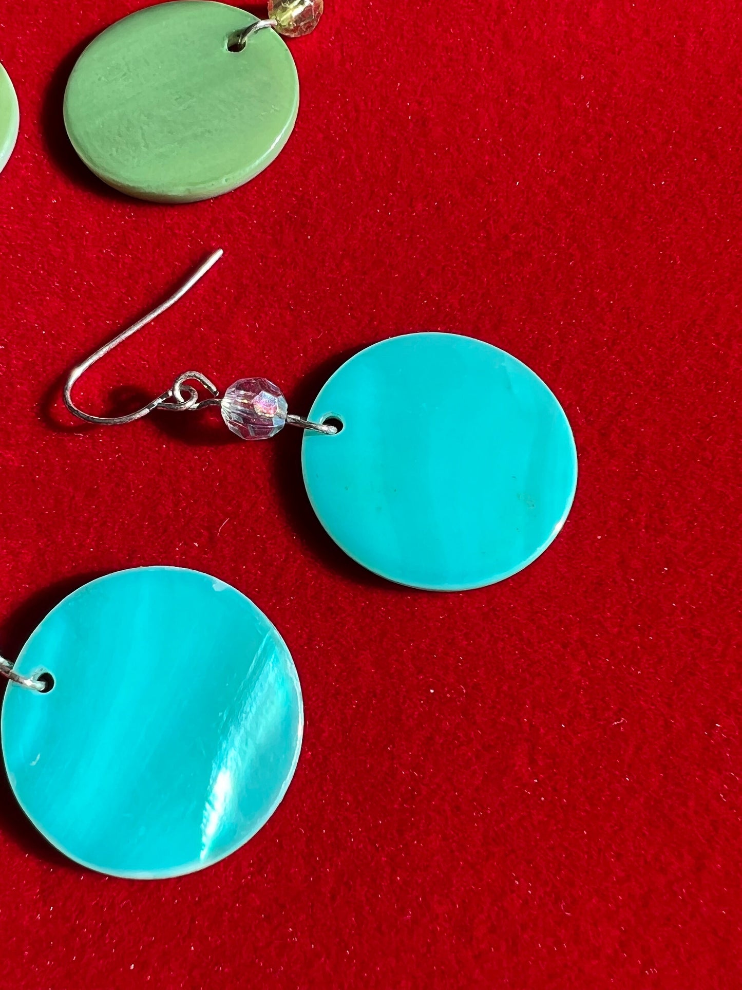 Vintage Blue Circle Opalescent and Green Hoop Earrings, Jewelry, 2 pair of Earrings, Lover Antiques and Vintage