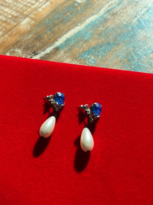 Vintage Faux Sapphire and Pearl White Drop Down Earrings, Swirl Earring, Bridal Jewelry, Dangle Earrings, Lover Antiques and Vintage