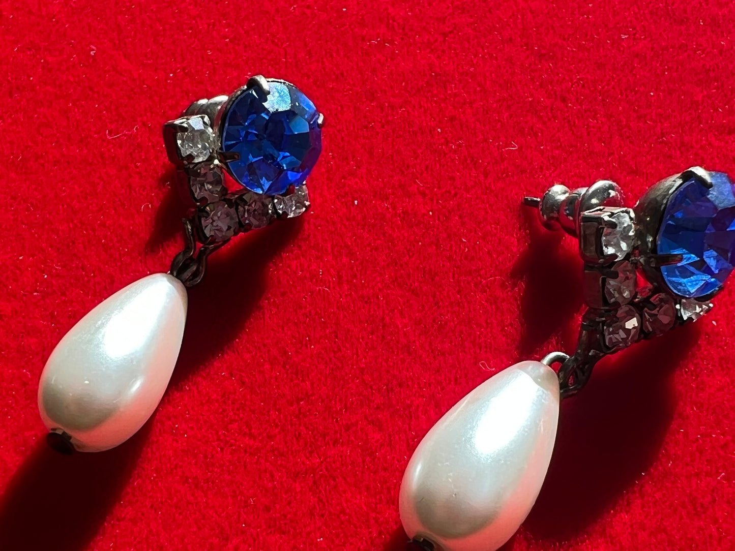 Vintage Faux Sapphire and Pearl White Drop Down Earrings, Swirl Earring, Bridal Jewelry, Dangle Earrings, Lover Antiques and Vintage