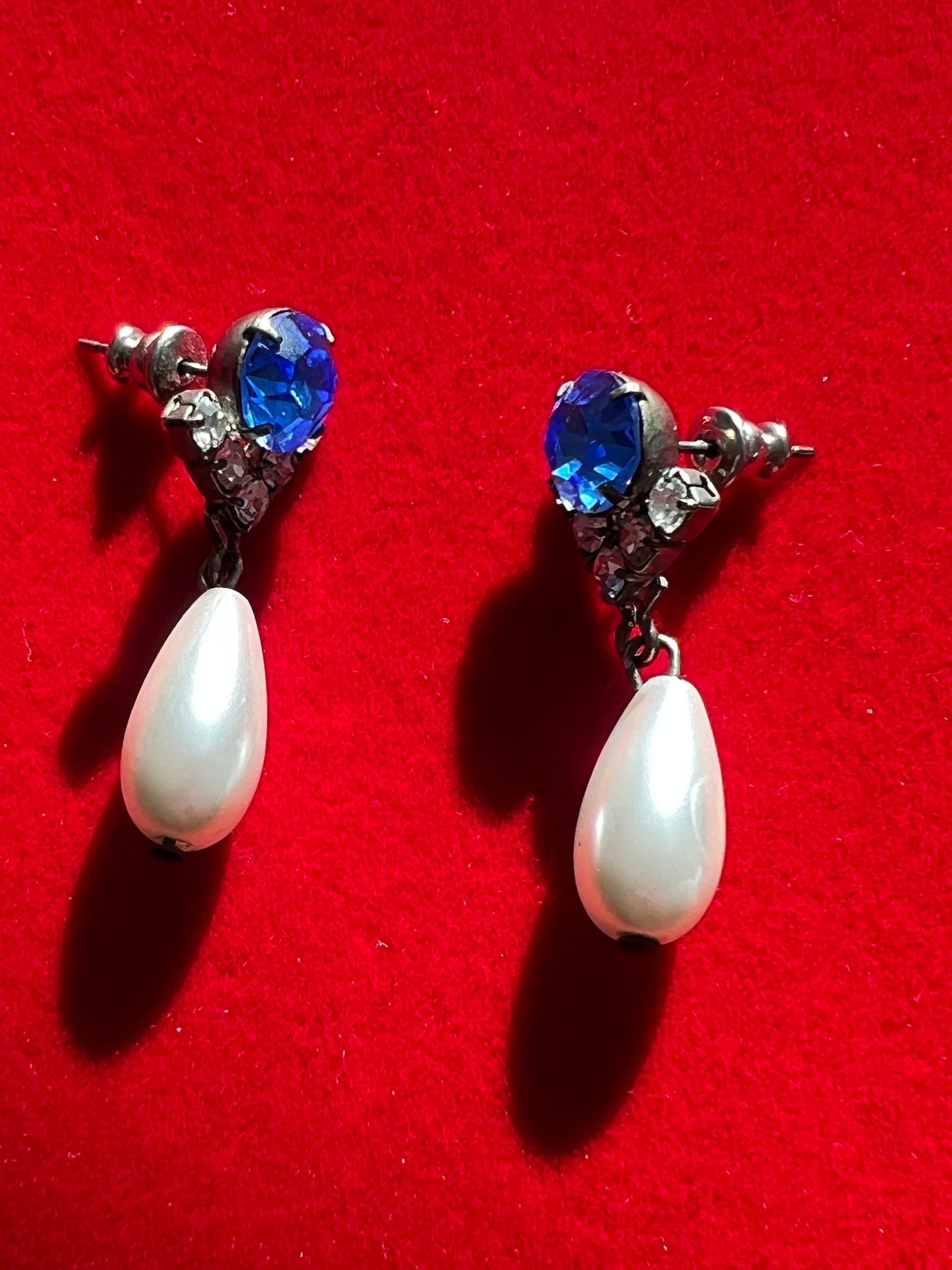 Vintage Faux Sapphire and Pearl White Drop Down Earrings, Swirl Earring, Bridal Jewelry, Dangle Earrings, Lover Antiques and Vintage