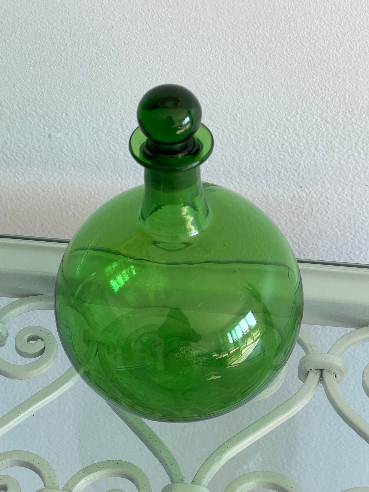 Vintage Emerald Green Glass Bottle with Stopper, Green Glass Decanter, Lover Antiques and Vintage