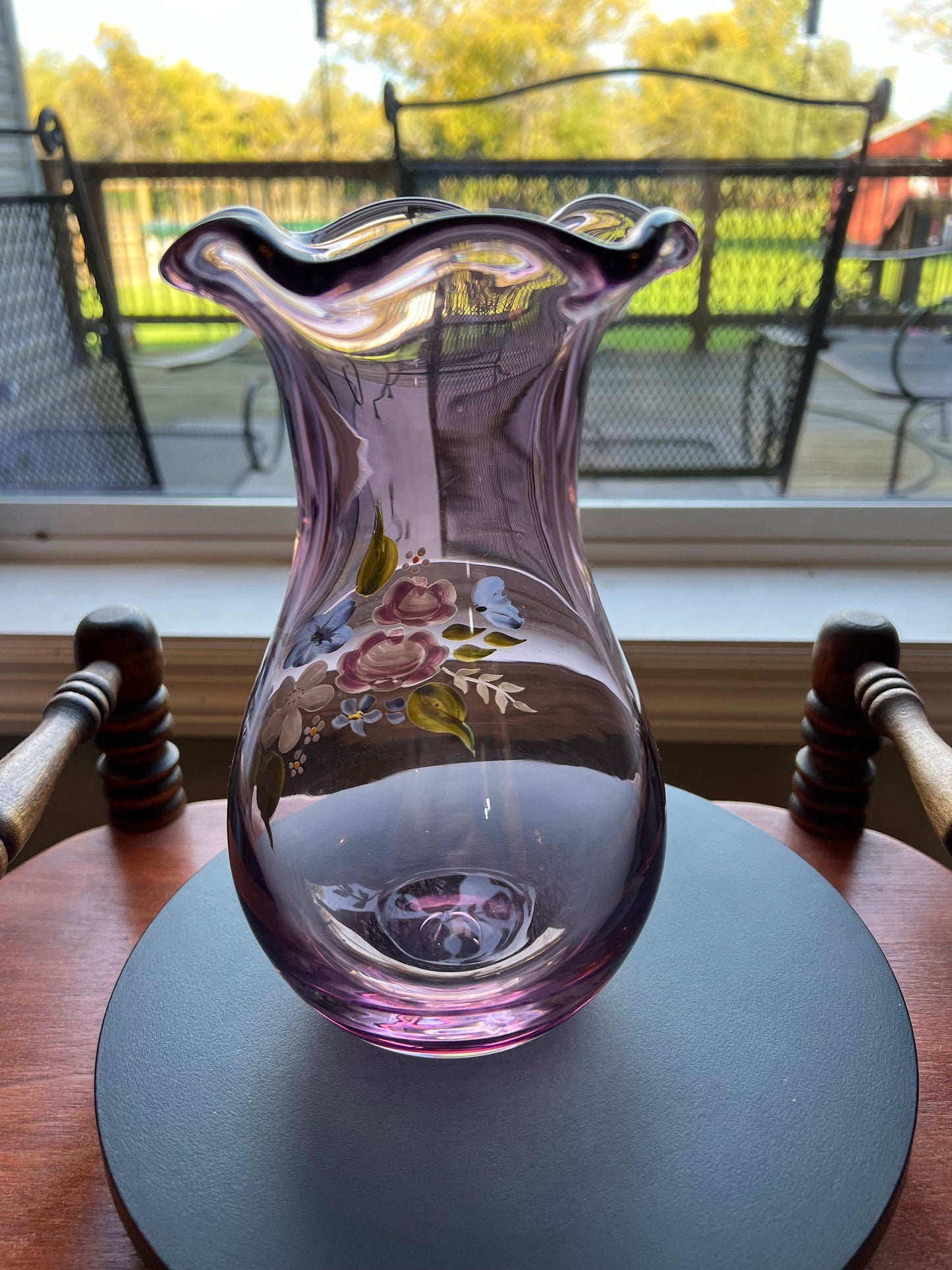 Vintage Fenton Hand Painted Purple Amethyst Vase, Ruffled Top Vase, Art Glass Lover Antiques
