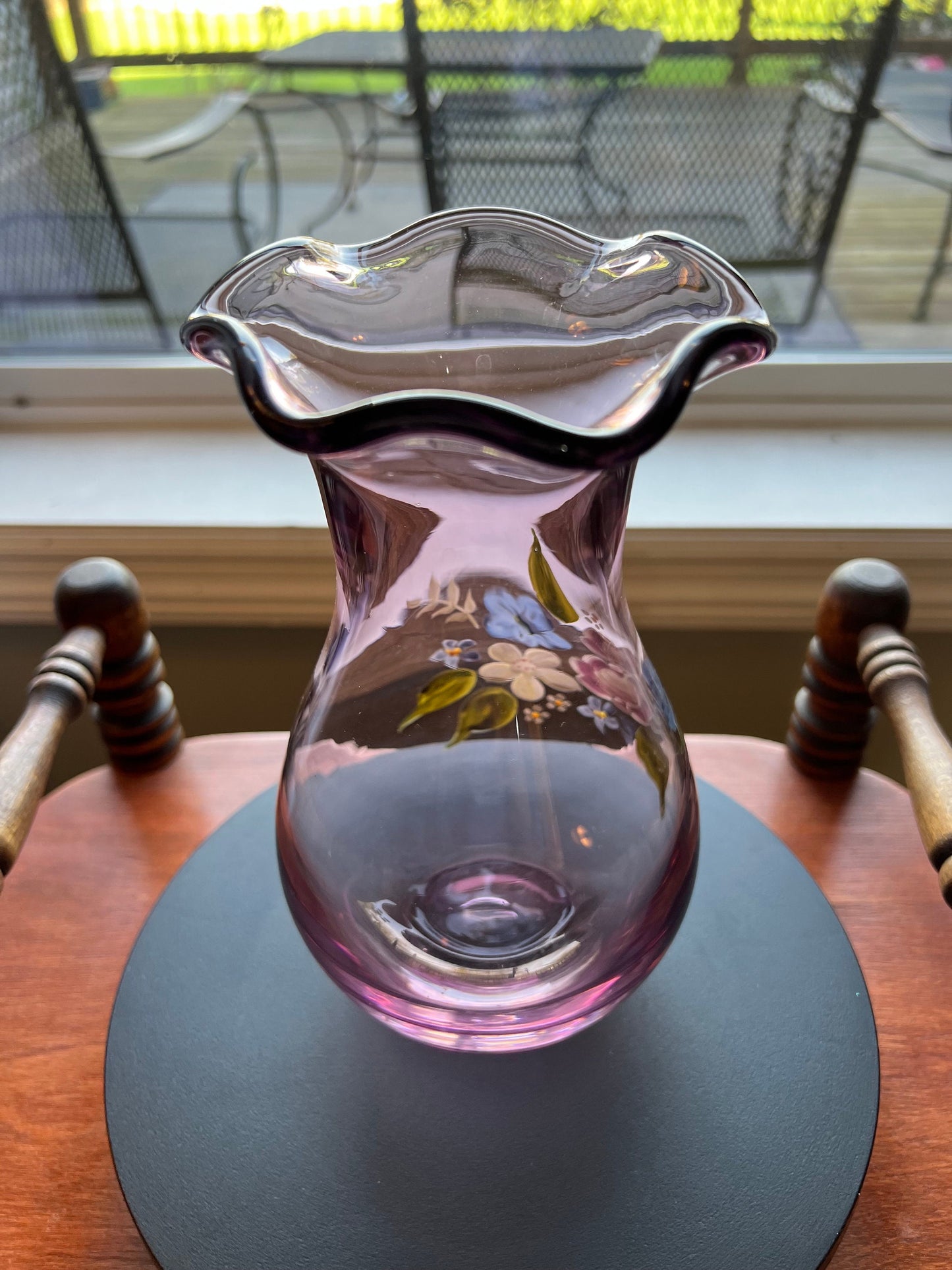 Vintage Fenton Hand Painted Purple Amethyst Vase, Ruffled Top Vase, Art Glass Lover Antiques