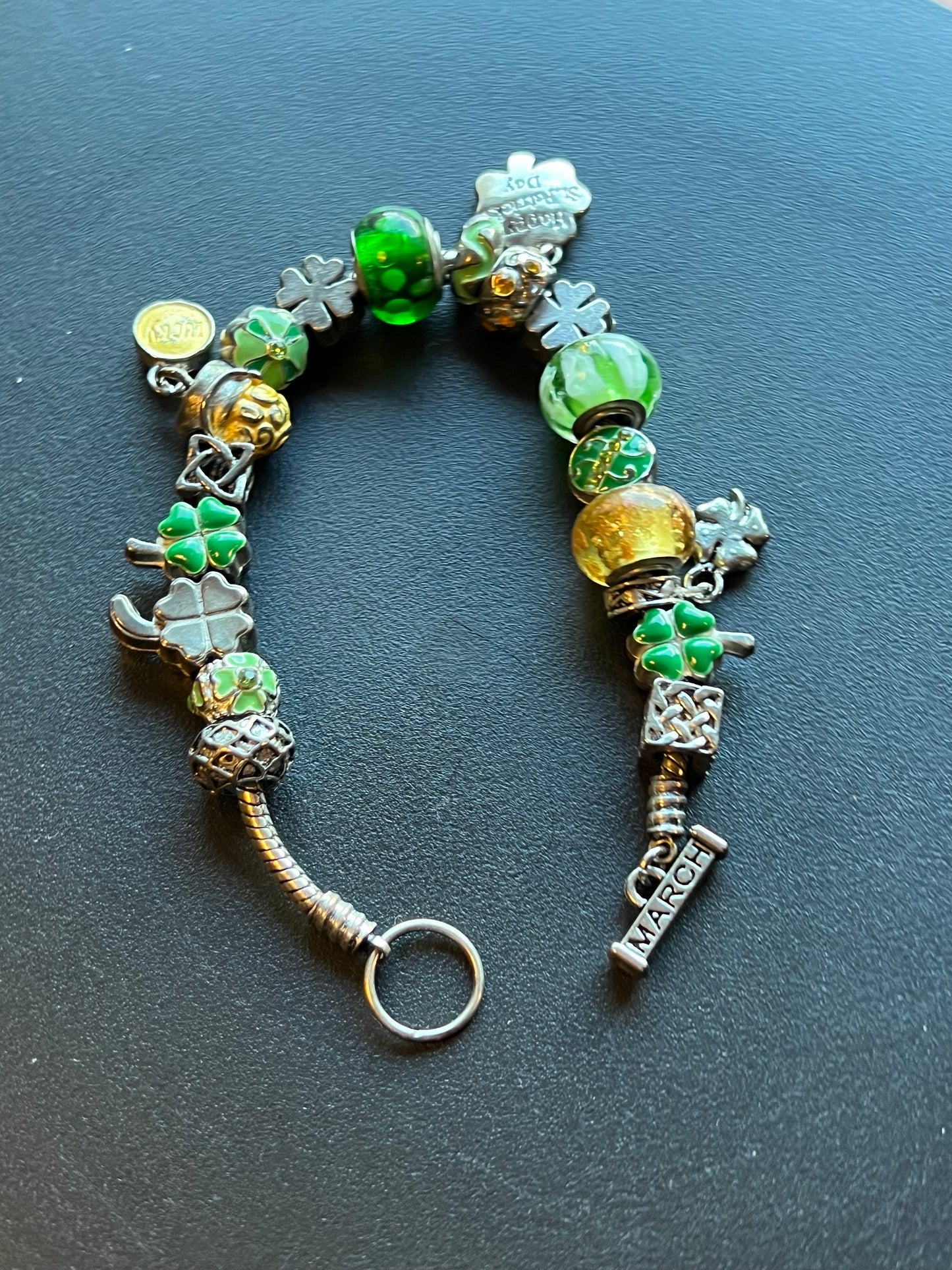 Lucky March Charm bracelet, Green Bracelet, Willabee and Ward, 4 Leaf Clover, Luck, Jewelry Charms, Beads, Lover Antiques and Vintage