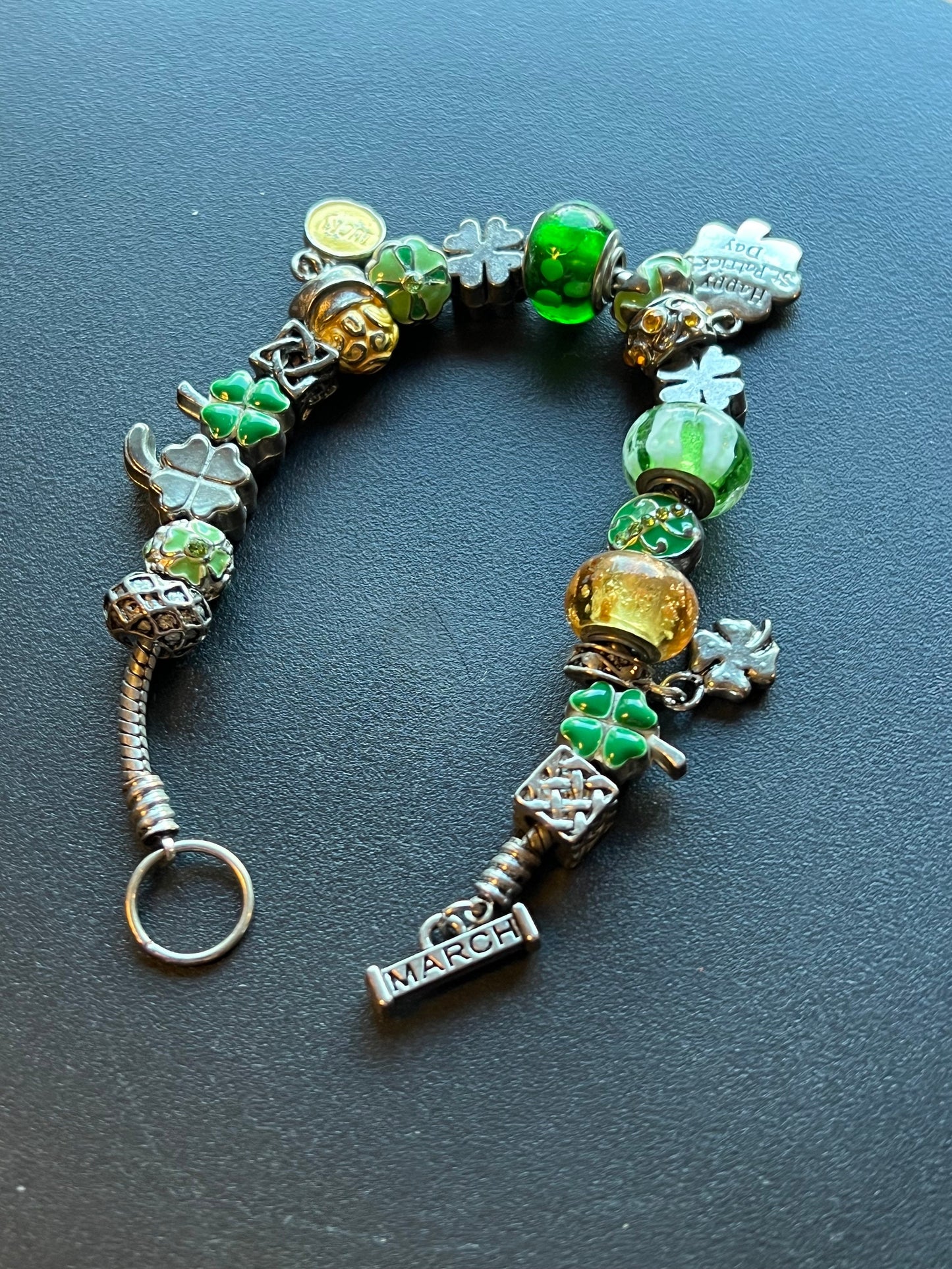 Lucky March Charm bracelet, Green Bracelet, Willabee and Ward, 4 Leaf Clover, Luck, Jewelry Charms, Beads, Lover Antiques and Vintage