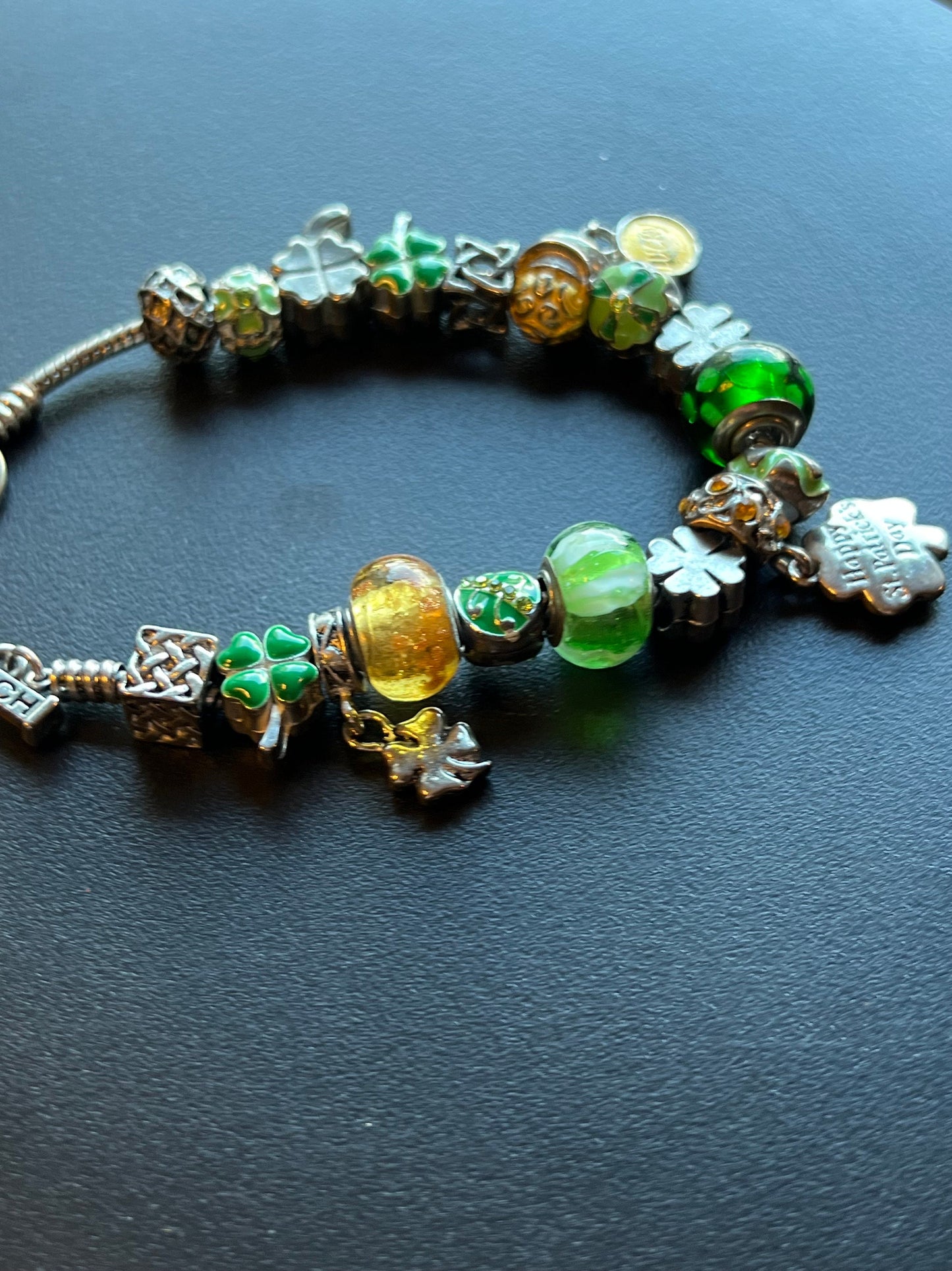 Lucky March Charm bracelet, Green Bracelet, Willabee and Ward, 4 Leaf Clover, Luck, Jewelry Charms, Beads, Lover Antiques and Vintage