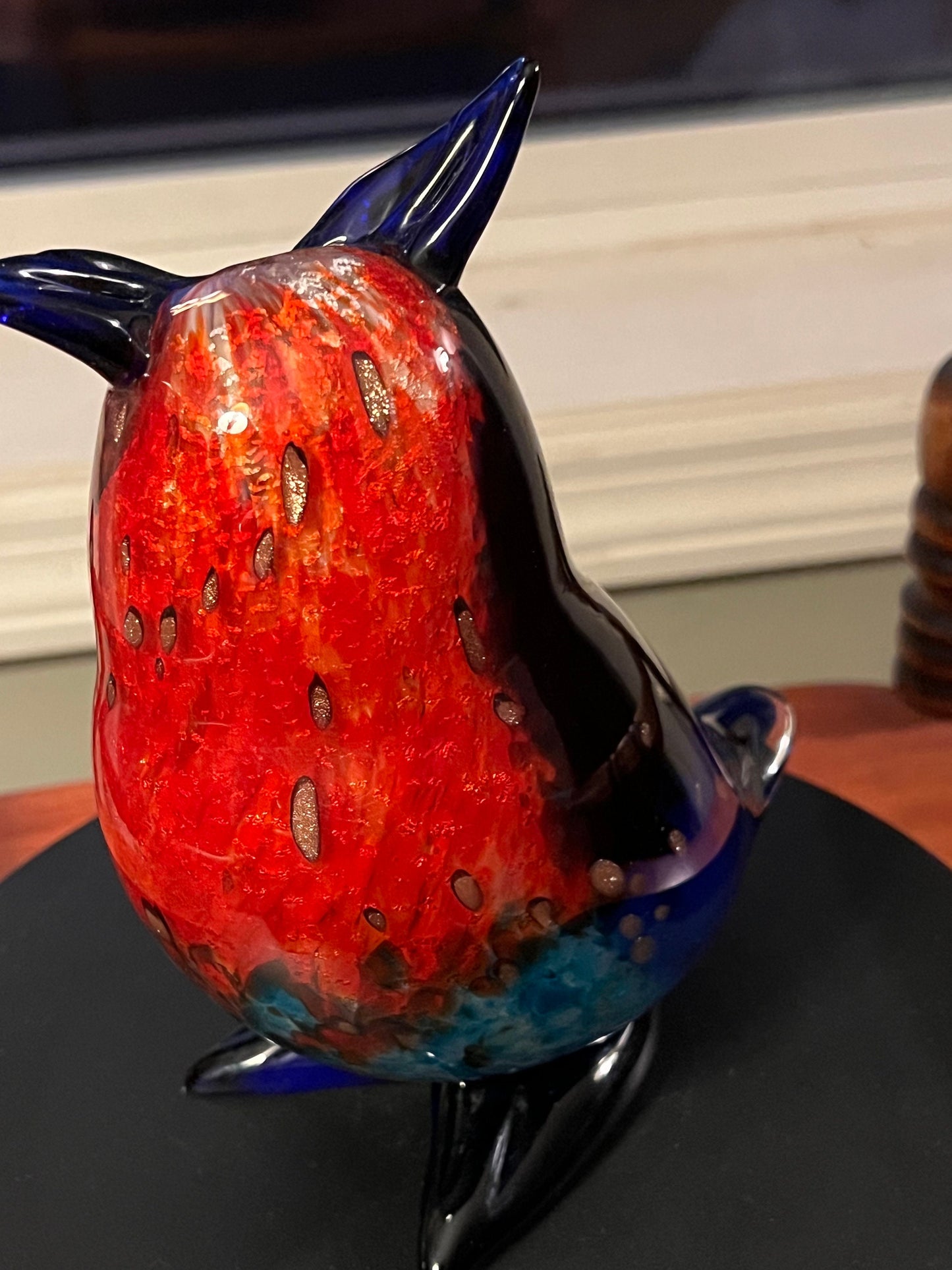 Vintage Murano Owl, signed by Franco Moretti Blue Red and Gold Sculpture, Owl Figurine, Art Glass, Lover Antiques and Vintage