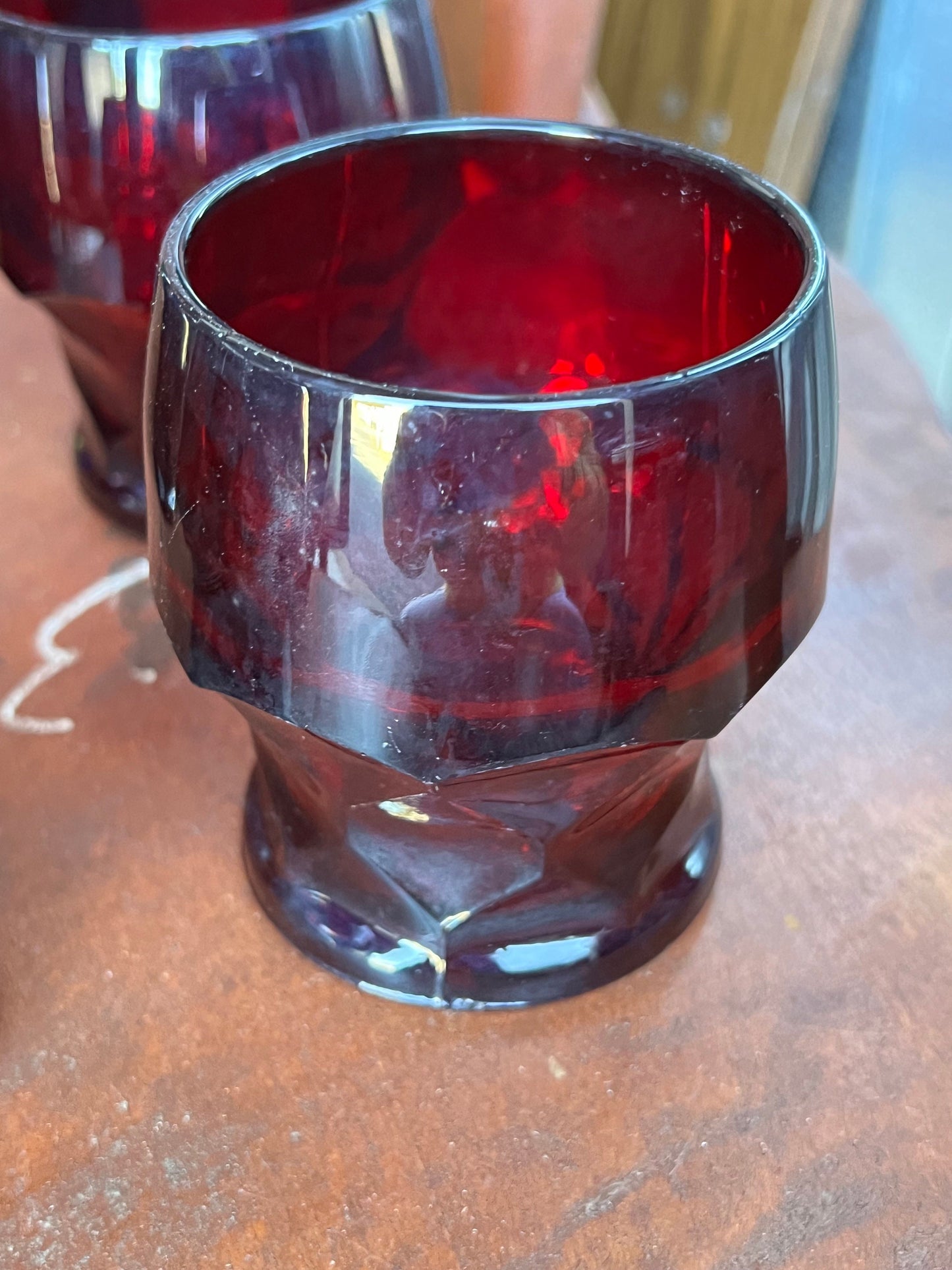 4 Vintage Fenton Royal Ruby Red Goblets Cups Glasses, glass tumblers Anchor Hocking Georgian pattern