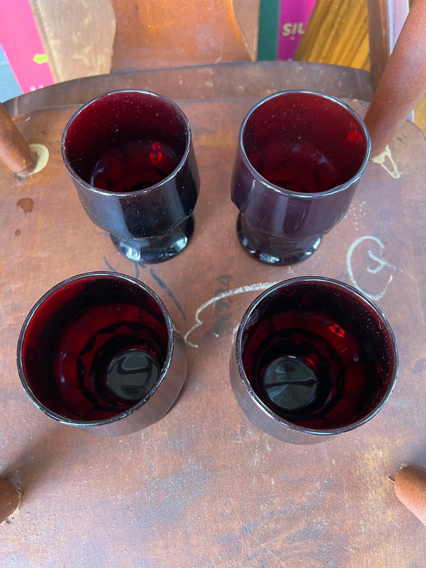 4 Vintage Fenton Royal Ruby Red Goblets Cups Glasses, glass tumblers Anchor Hocking Georgian pattern