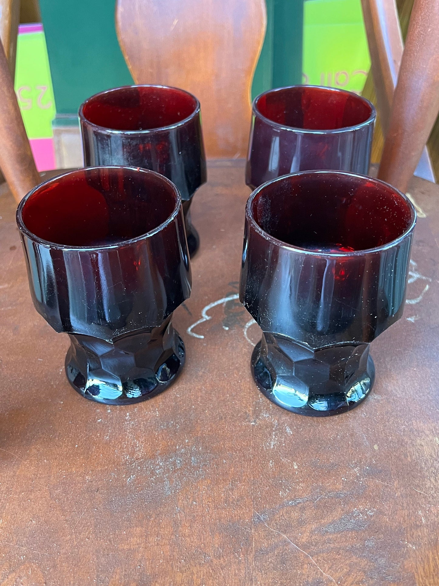 4 Vintage Fenton Royal Ruby Red Goblets Cups Glasses, glass tumblers Anchor Hocking Georgian pattern