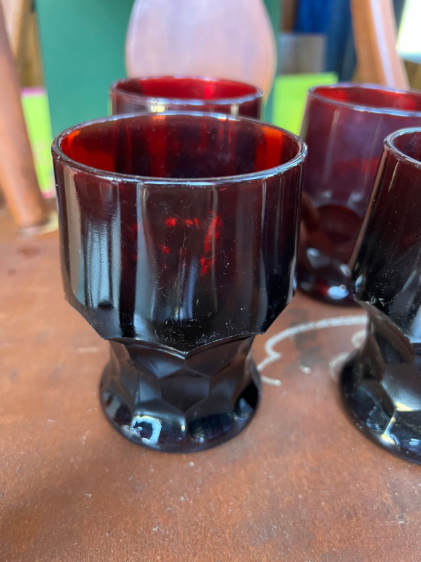 4 Vintage Fenton Royal Ruby Red Goblets Cups Glasses, glass tumblers Anchor Hocking Georgian pattern