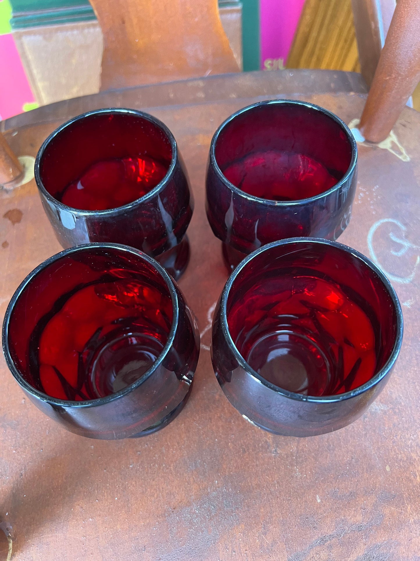 4 Vintage Fenton Royal Ruby Red Goblets Cups Glasses, glass tumblers Anchor Hocking Georgian pattern