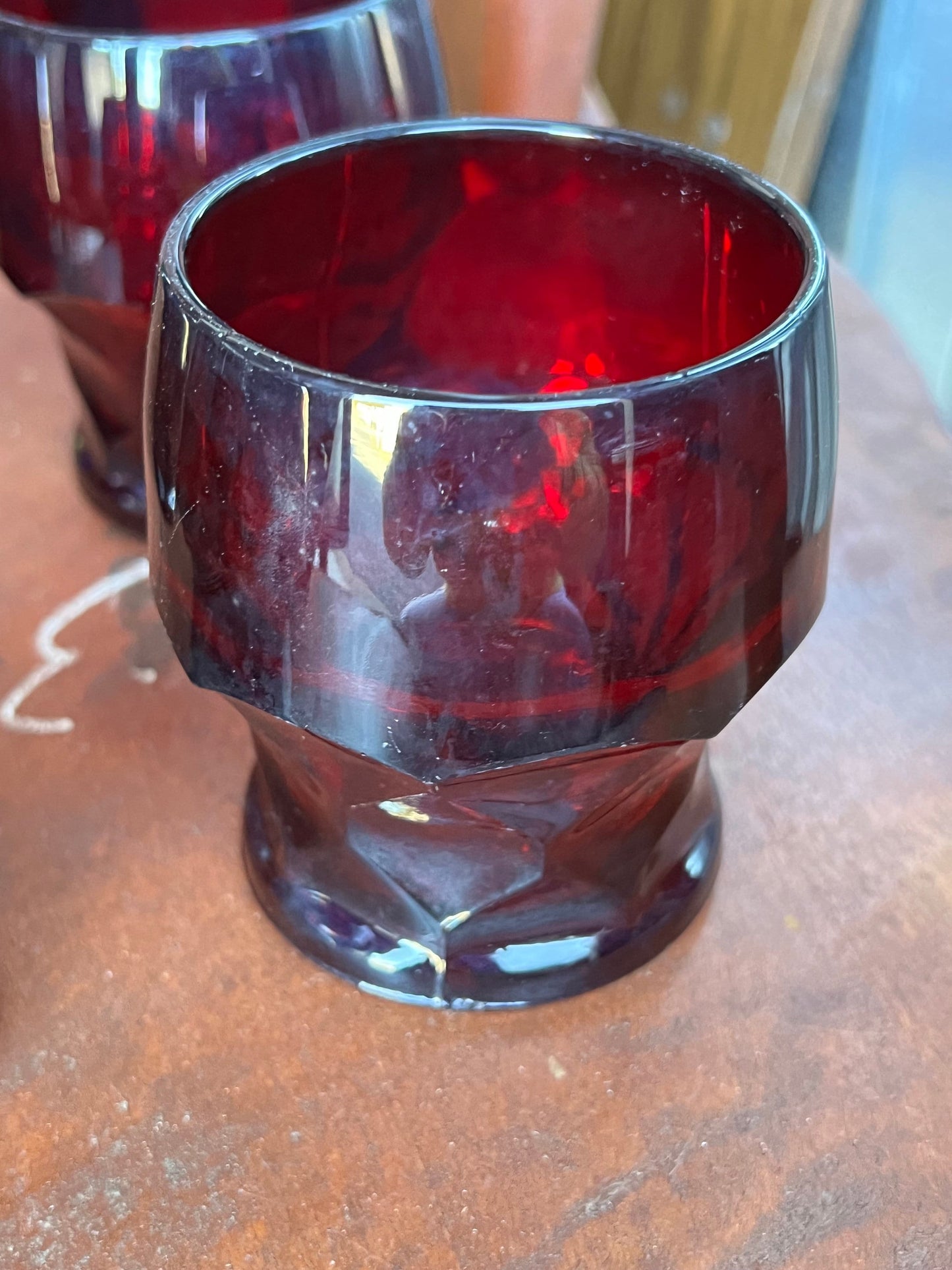 4 Vintage Fenton Royal Ruby Red Goblets Cups Glasses, glass tumblers Anchor Hocking Georgian pattern