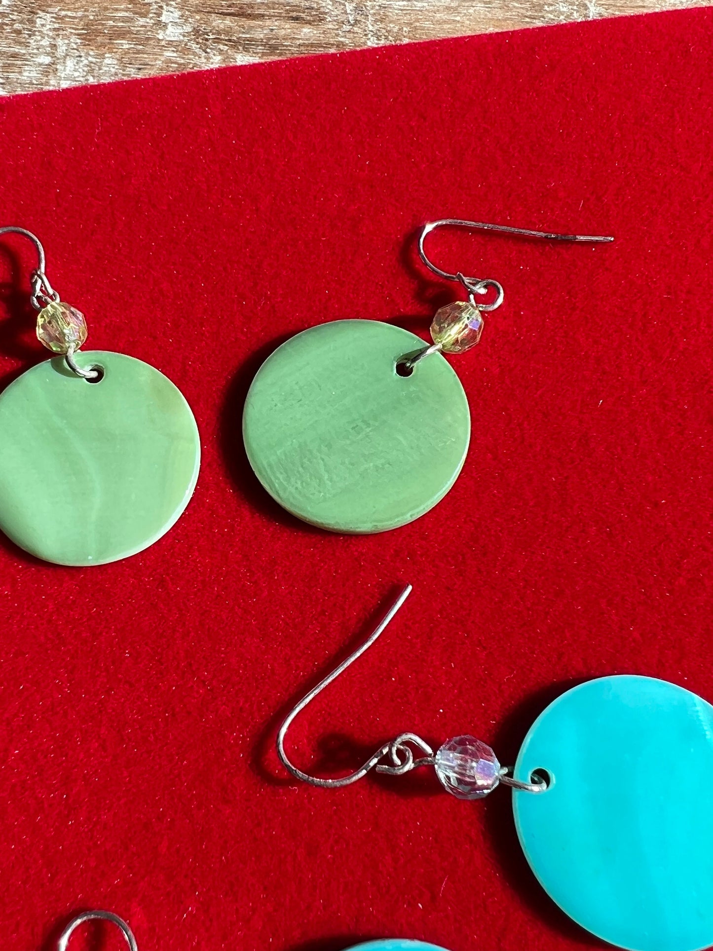 Vintage Blue Circle Opalescent and Green Hoop Earrings, Jewelry, 2 pair of Earrings, Lover Antiques and Vintage