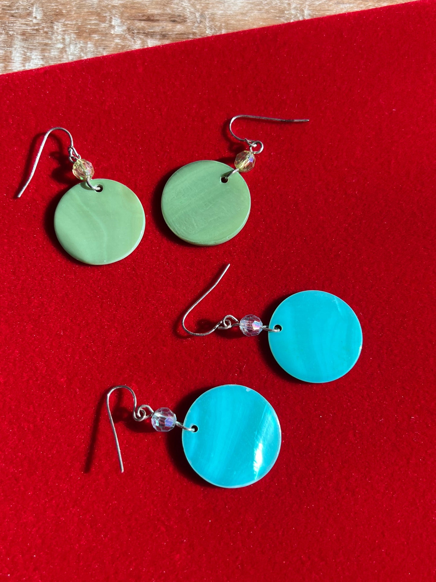 Vintage Blue Circle Opalescent and Green Hoop Earrings, Jewelry, 2 pair of Earrings, Lover Antiques and Vintage