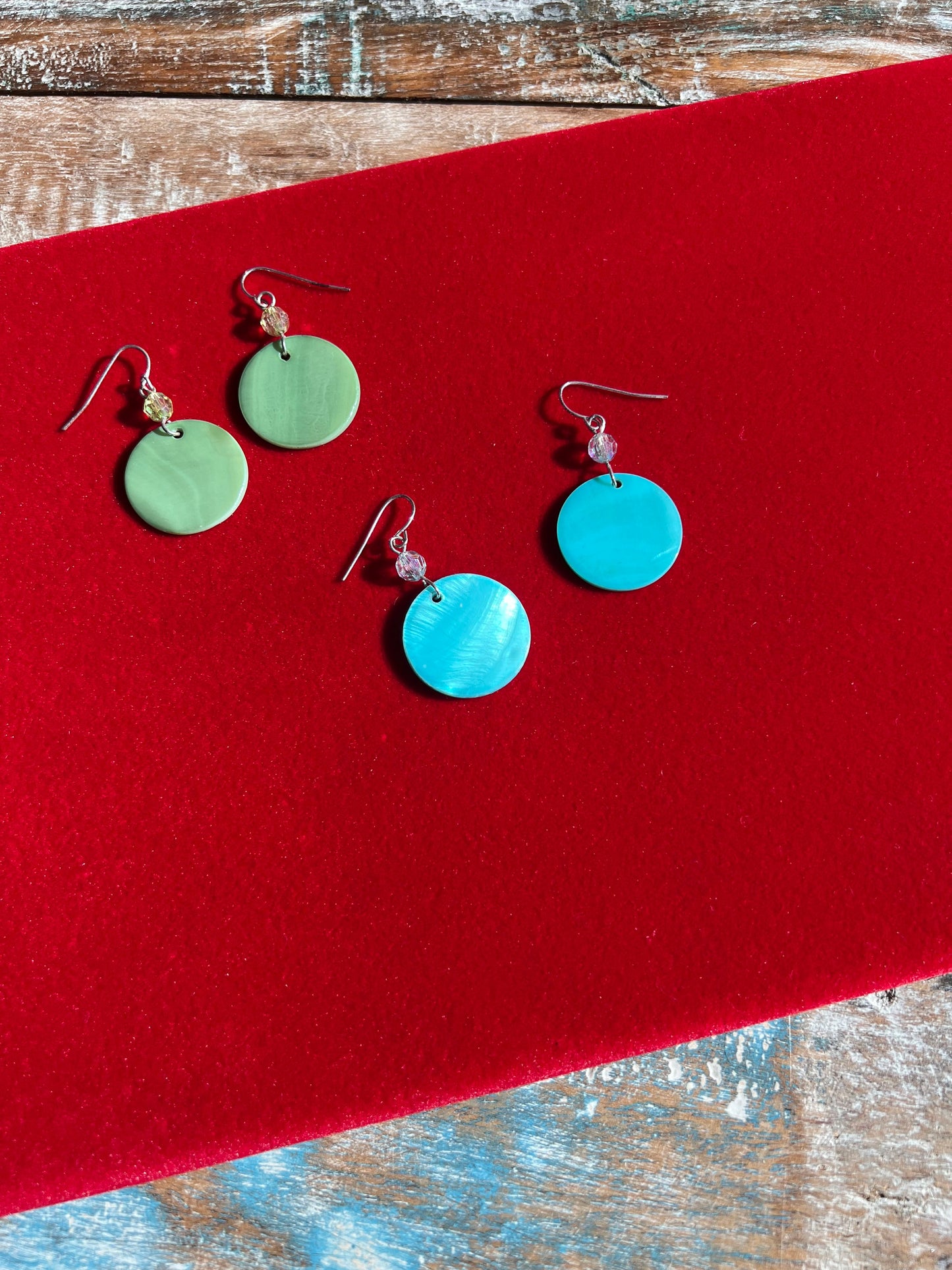 Vintage Blue Circle Opalescent and Green Hoop Earrings, Jewelry, 2 pair of Earrings, Lover Antiques and Vintage