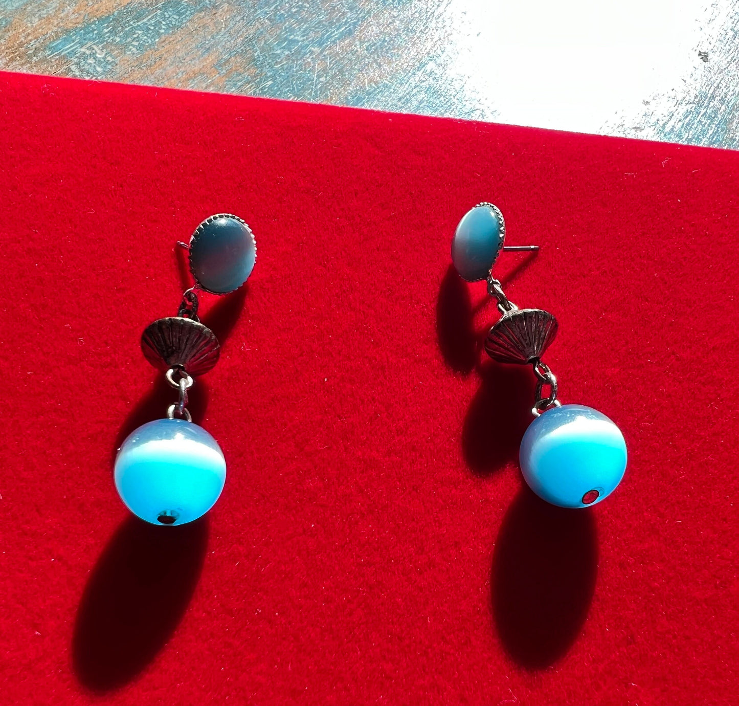Vintage Sea Blue Glass Earrings, Dangle Earrings, Pretty Blue Earring, Jewelry, Twist Earrings, Lover Antiques and Vintage
