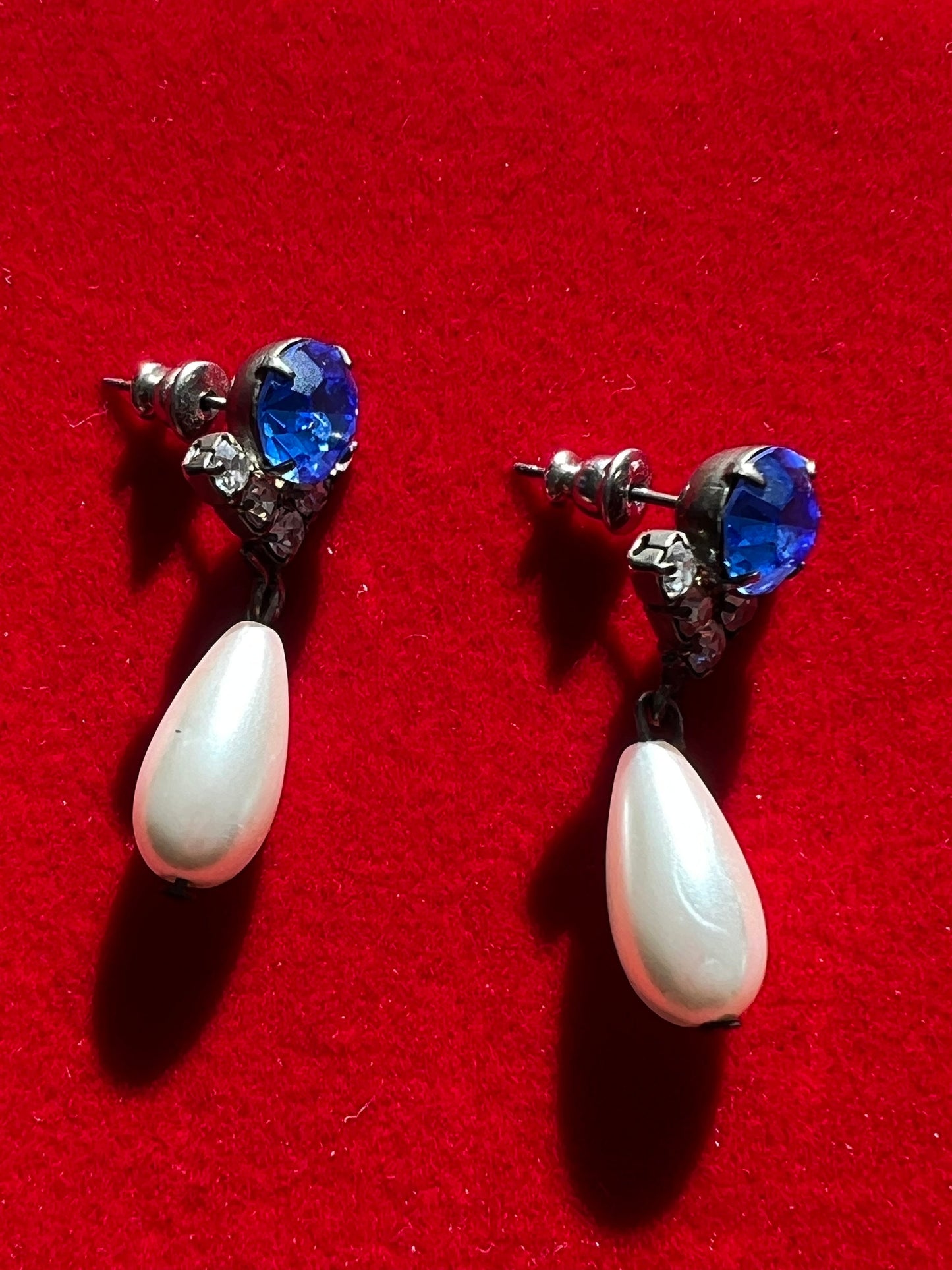Vintage Faux Sapphire and Pearl White Drop Down Earrings, Swirl Earring, Bridal Jewelry, Dangle Earrings, Lover Antiques and Vintage