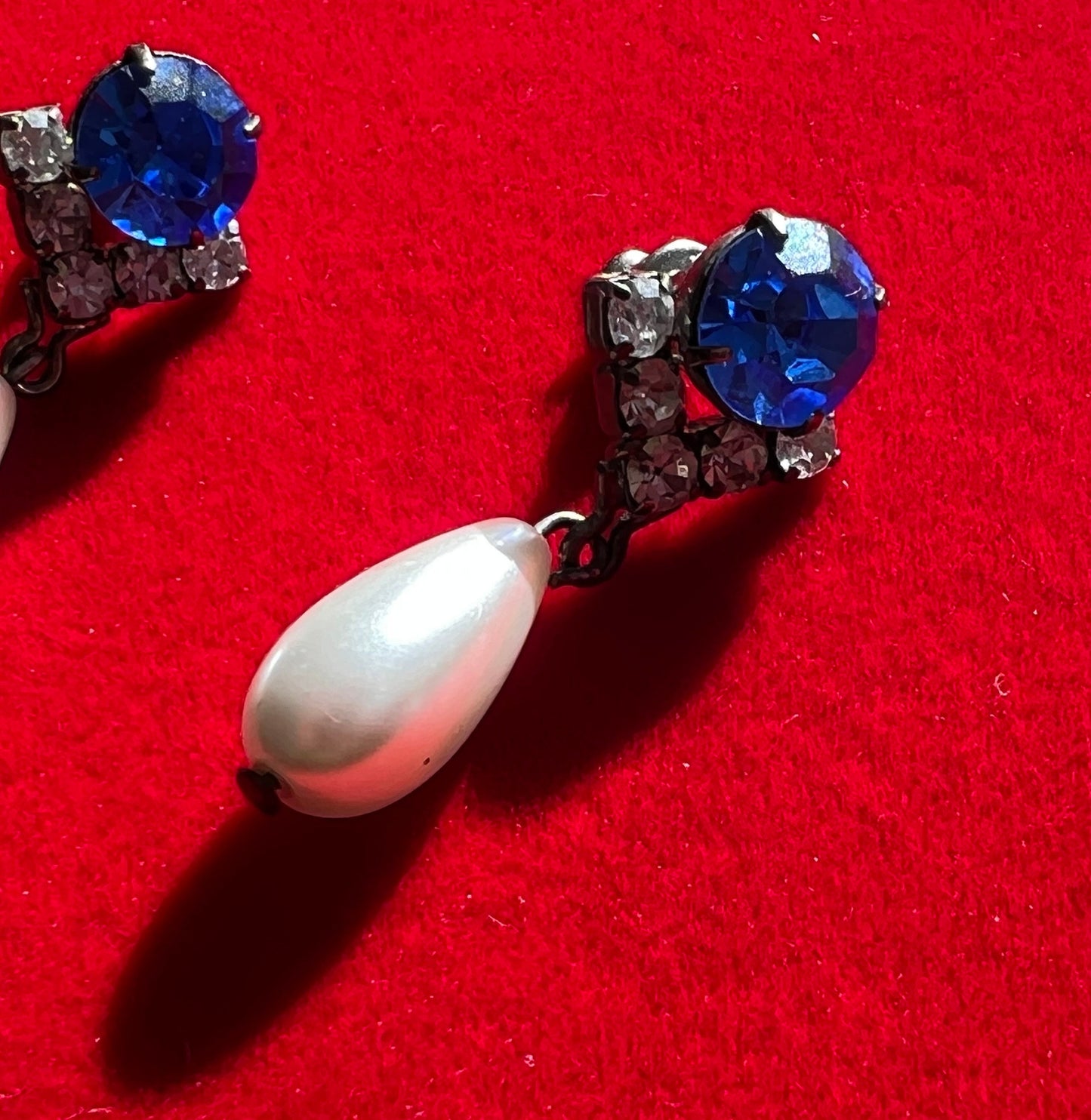 Vintage Faux Sapphire and Pearl White Drop Down Earrings, Swirl Earring, Bridal Jewelry, Dangle Earrings, Lover Antiques and Vintage