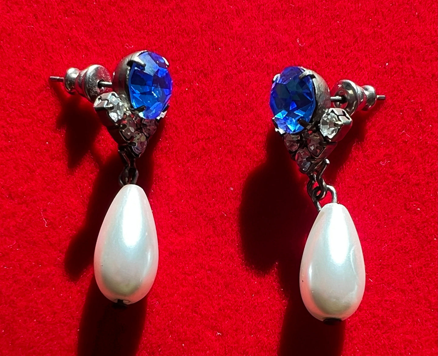 Vintage Faux Sapphire and Pearl White Drop Down Earrings, Swirl Earring, Bridal Jewelry, Dangle Earrings, Lover Antiques and Vintage