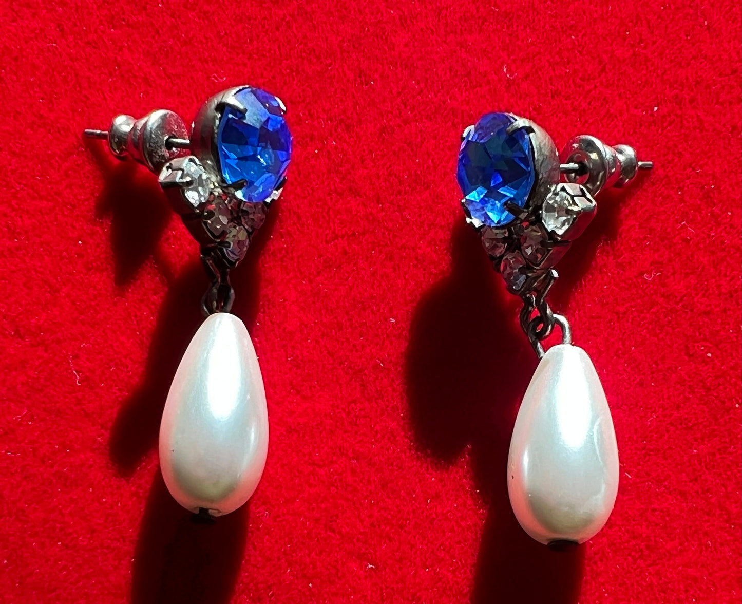 Vintage Faux Sapphire and Pearl White Drop Down Earrings, Swirl Earring, Bridal Jewelry, Dangle Earrings, Lover Antiques and Vintage