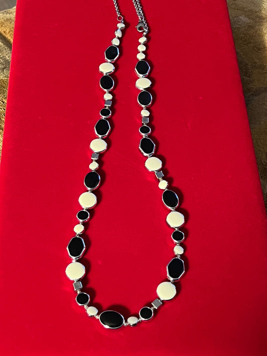 Vintage Cream and Black Long Silver Tone Necklace, Long Necklace, Cream Jewelry, Lover Antiques and Vintage