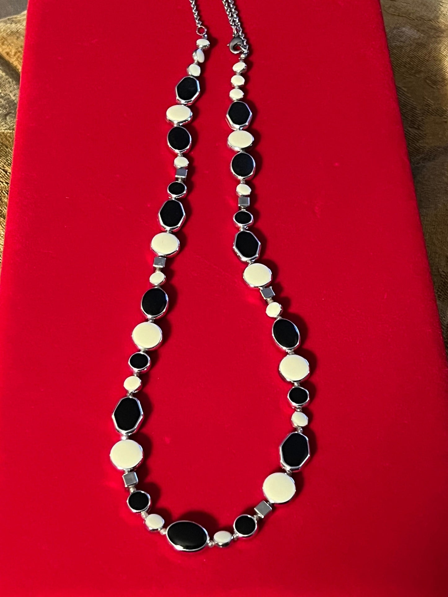 Vintage Cream and Black Long Silver Tone Necklace, Long Necklace, Cream Jewelry, Lover Antiques and Vintage