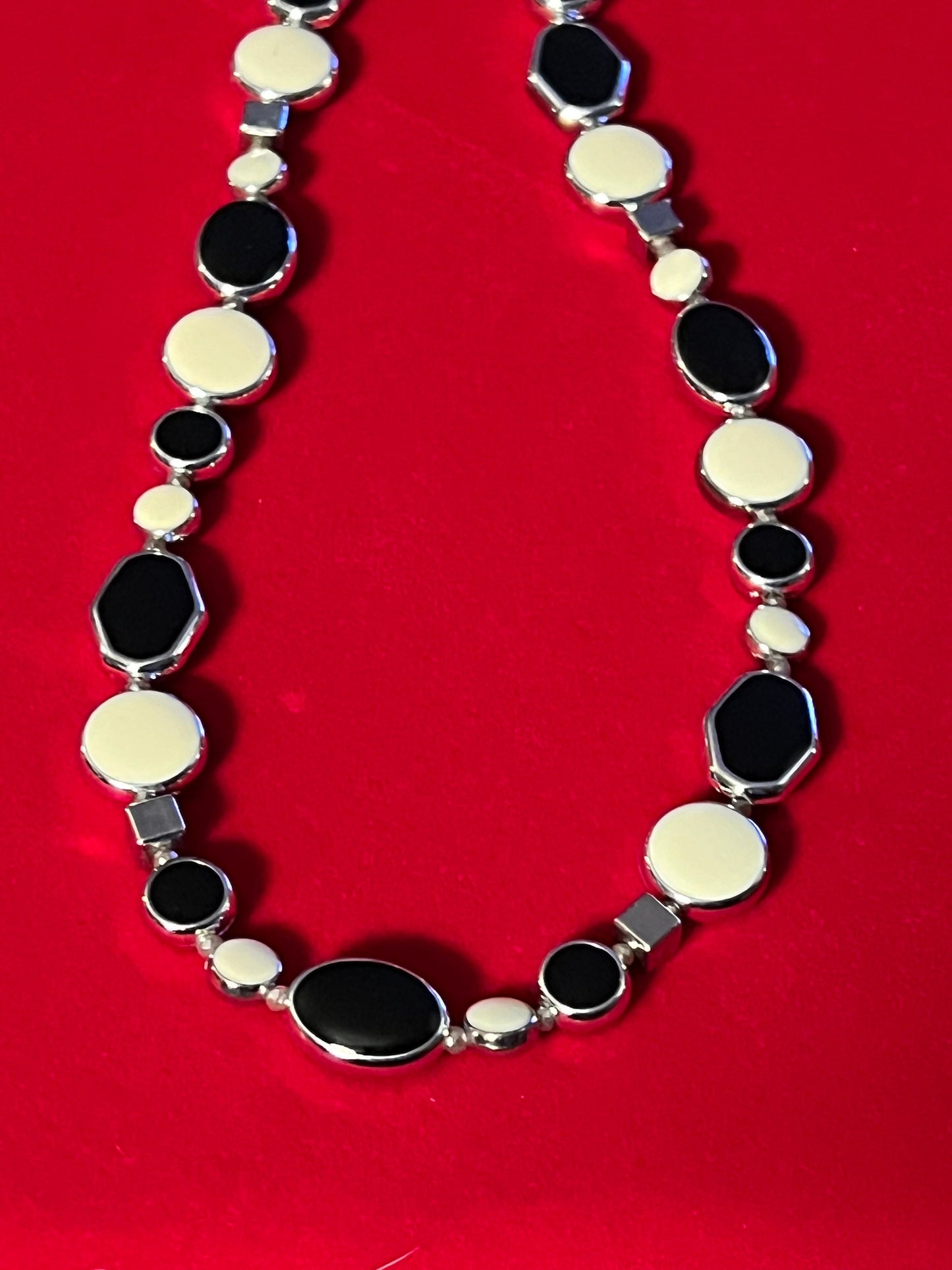 Vintage Cream and Black Long Silver Tone Necklace, Long Necklace, Cream Jewelry, Lover Antiques and Vintage