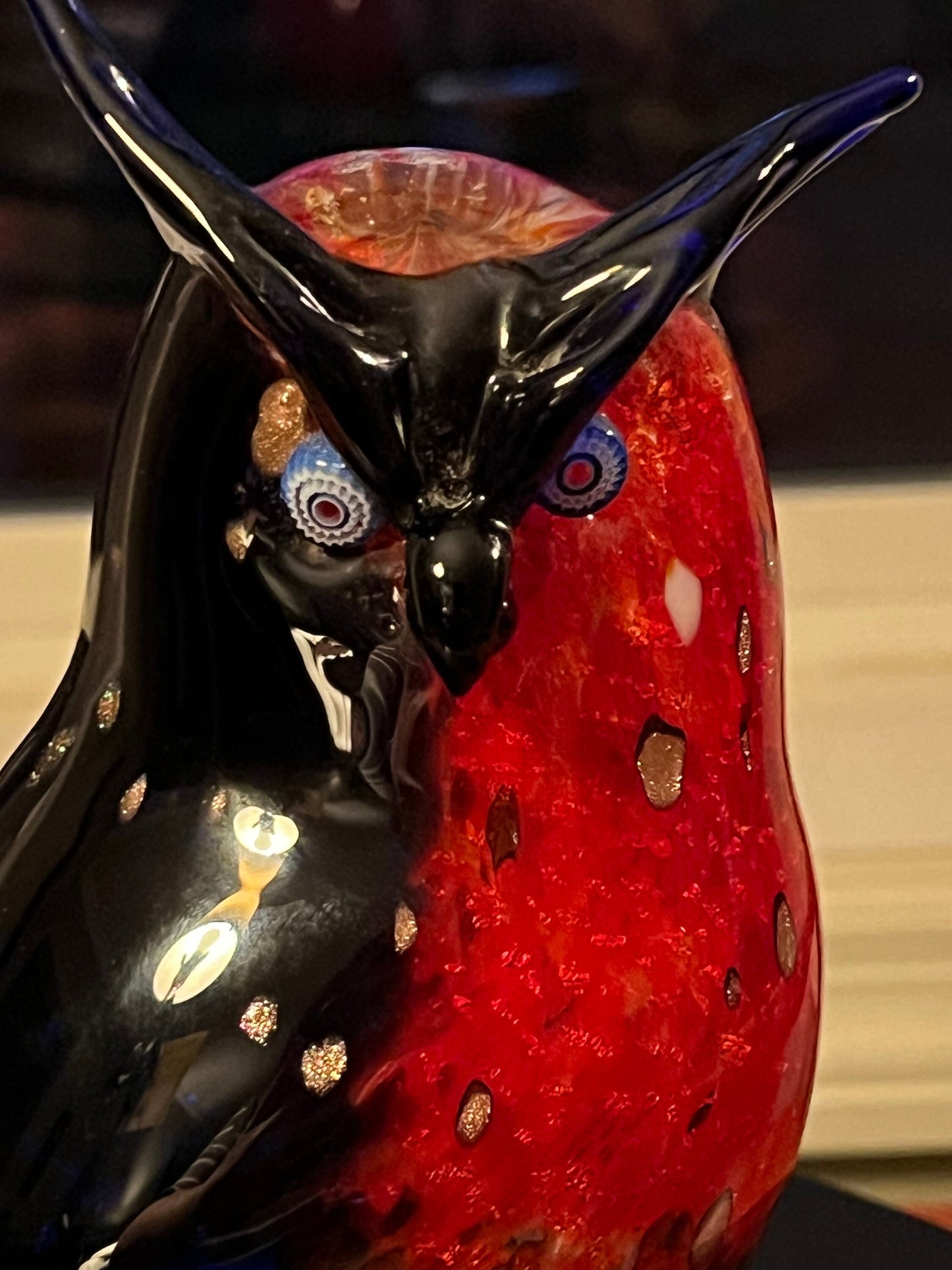 Vintage Murano Owl, signed by Franco Moretti Blue Red and Gold Sculpture, Owl Figurine, Art Glass, Lover Antiques and Vintage