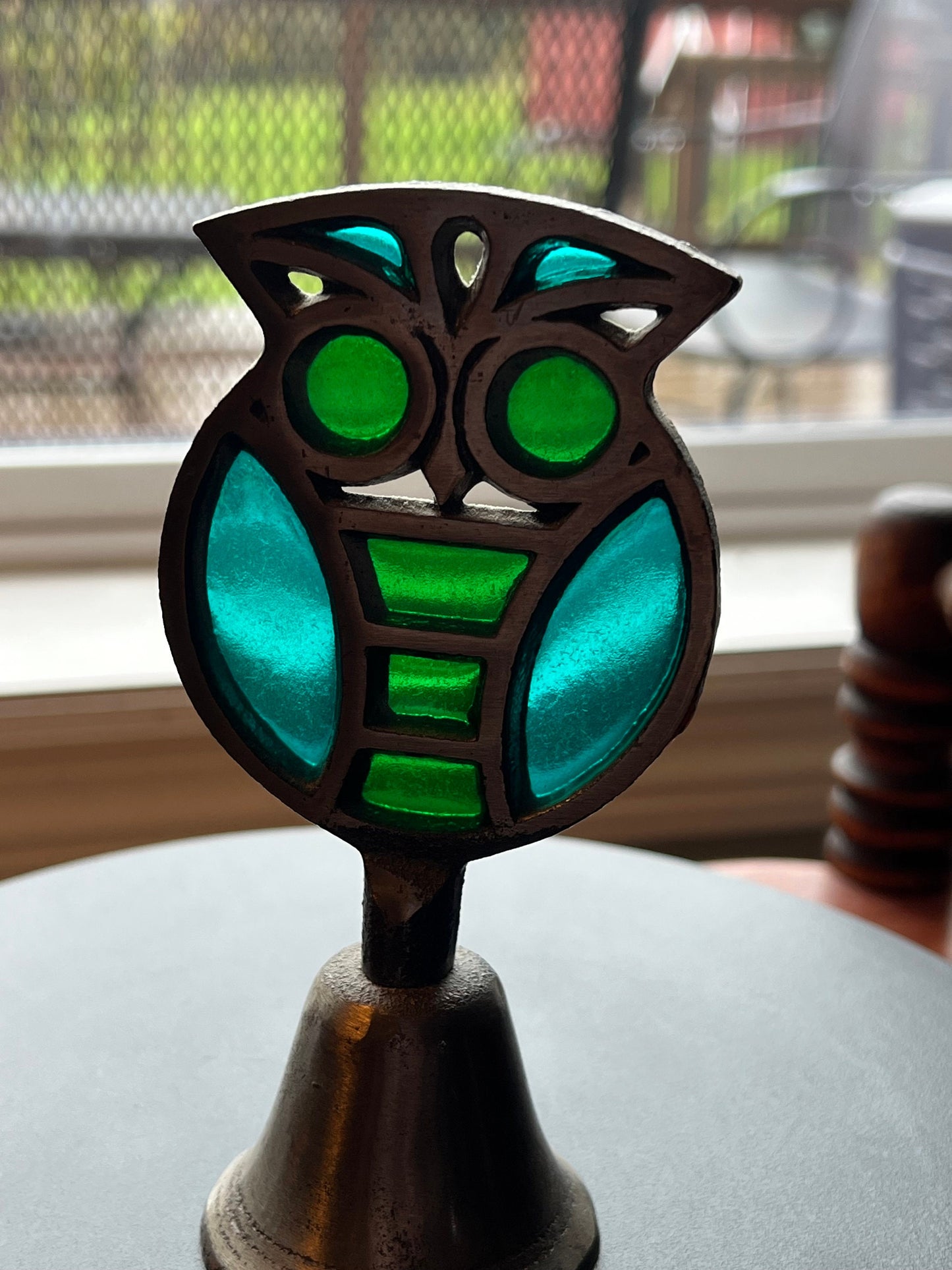 Owl Stained Glass Bell, Owl Bell, Stained Glass Owl, Mid Century by Counterpoint, Lover Antiques and Vintage