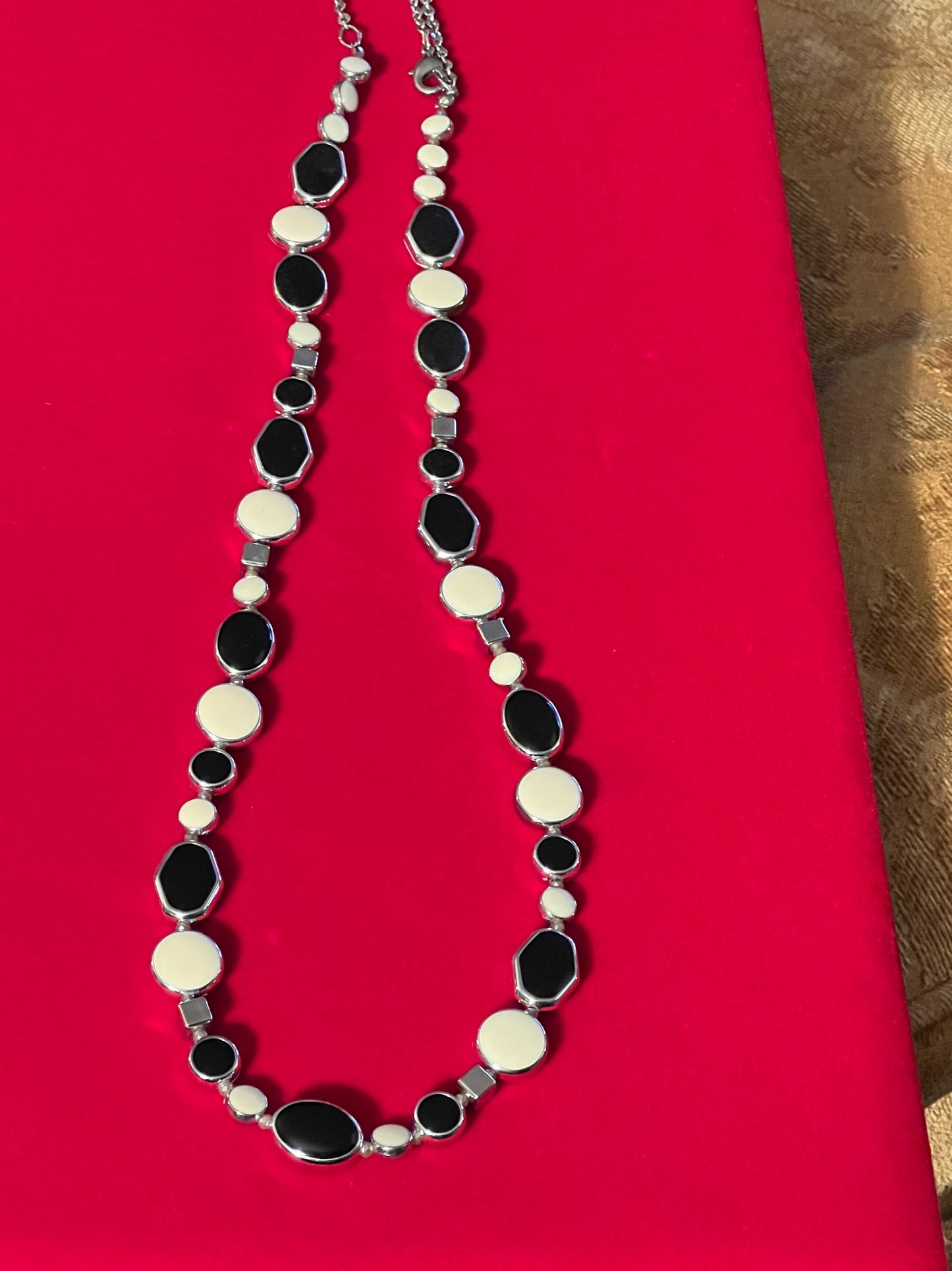 Vintage Cream and Black Long Silver Tone Necklace, Long Necklace, Cream Jewelry, Lover Antiques and Vintage