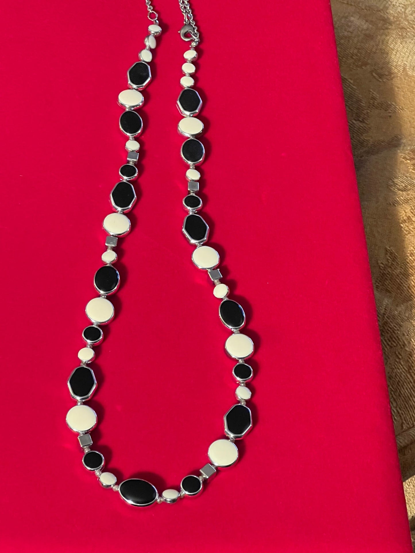 Vintage Cream and Black Long Silver Tone Necklace, Long Necklace, Cream Jewelry, Lover Antiques and Vintage
