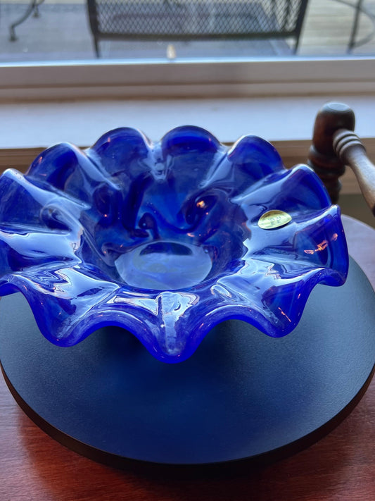 Vintage Rossi Blue Slag Bowl, Ruffled Blue Dish, Blue Glass Container, Glass Art, Lover Antiques and Vintage