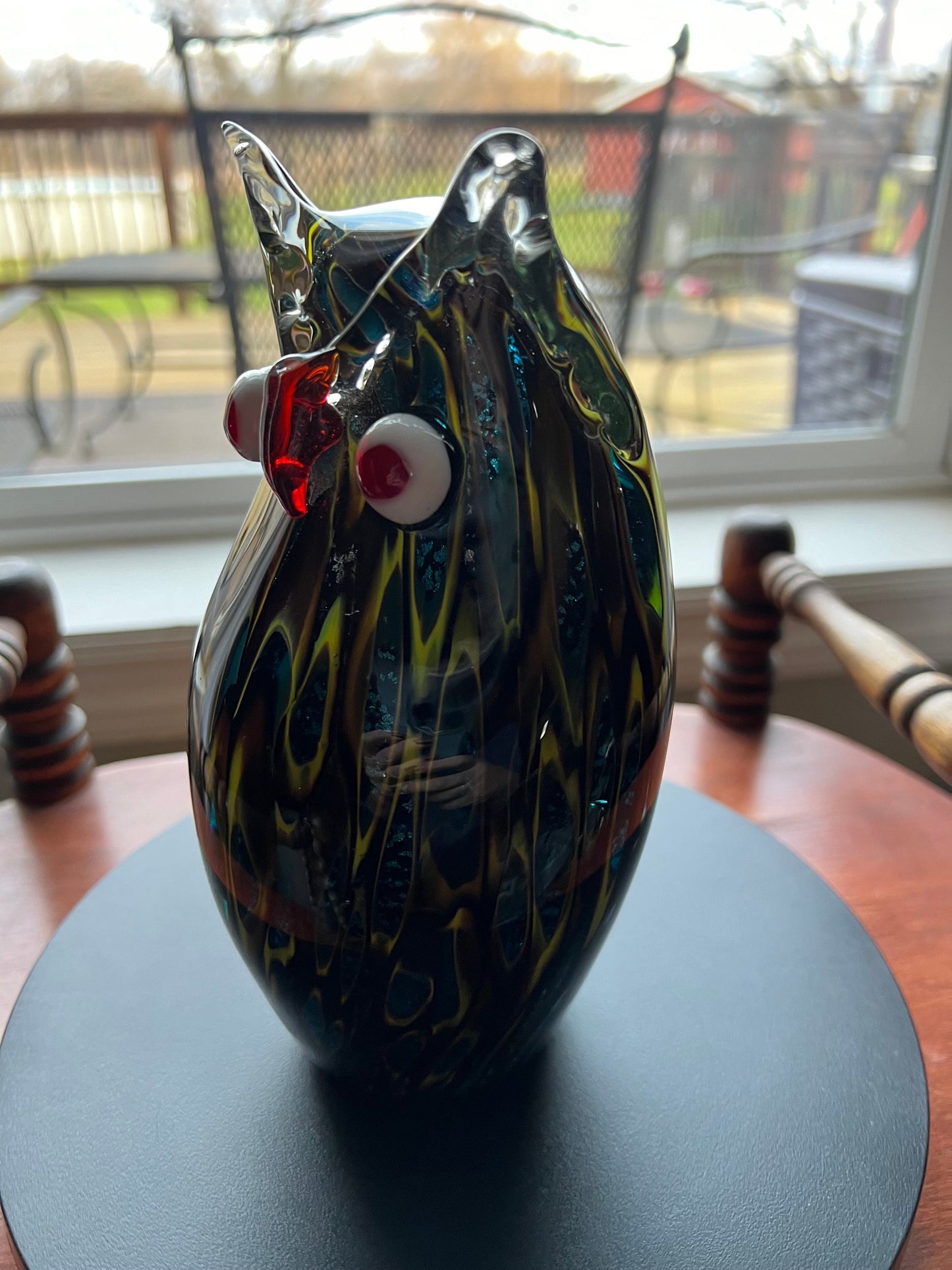 Vintage Murano Style Owl, Blue Red and Gold Sculpture, Owl Figurine, Green Gold Red Art Glass, Lover Antiques and Vintage