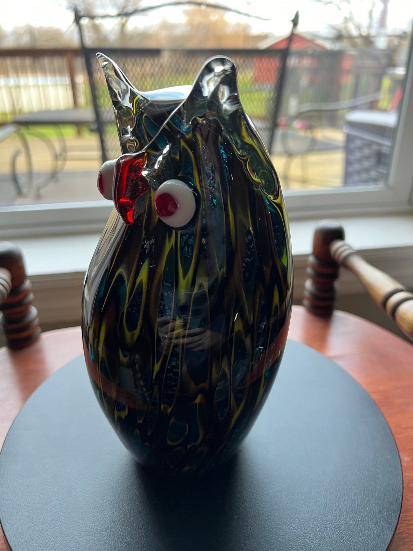 Vintage Murano Style Owl, Blue Red and Gold Sculpture, Owl Figurine, Green Gold Red Art Glass, Lover Antiques and Vintage