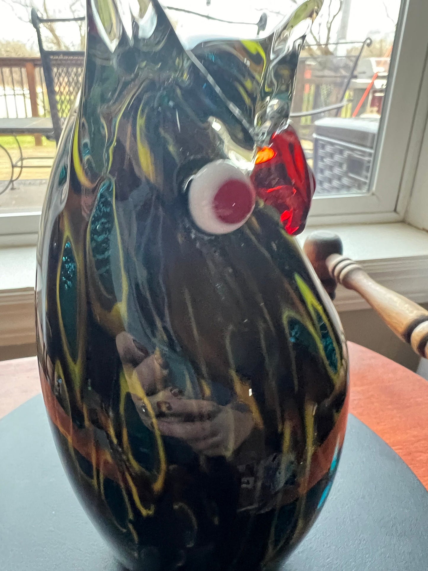 Vintage Murano Style Owl, Blue Red and Gold Sculpture, Owl Figurine, Green Gold Red Art Glass, Lover Antiques and Vintage
