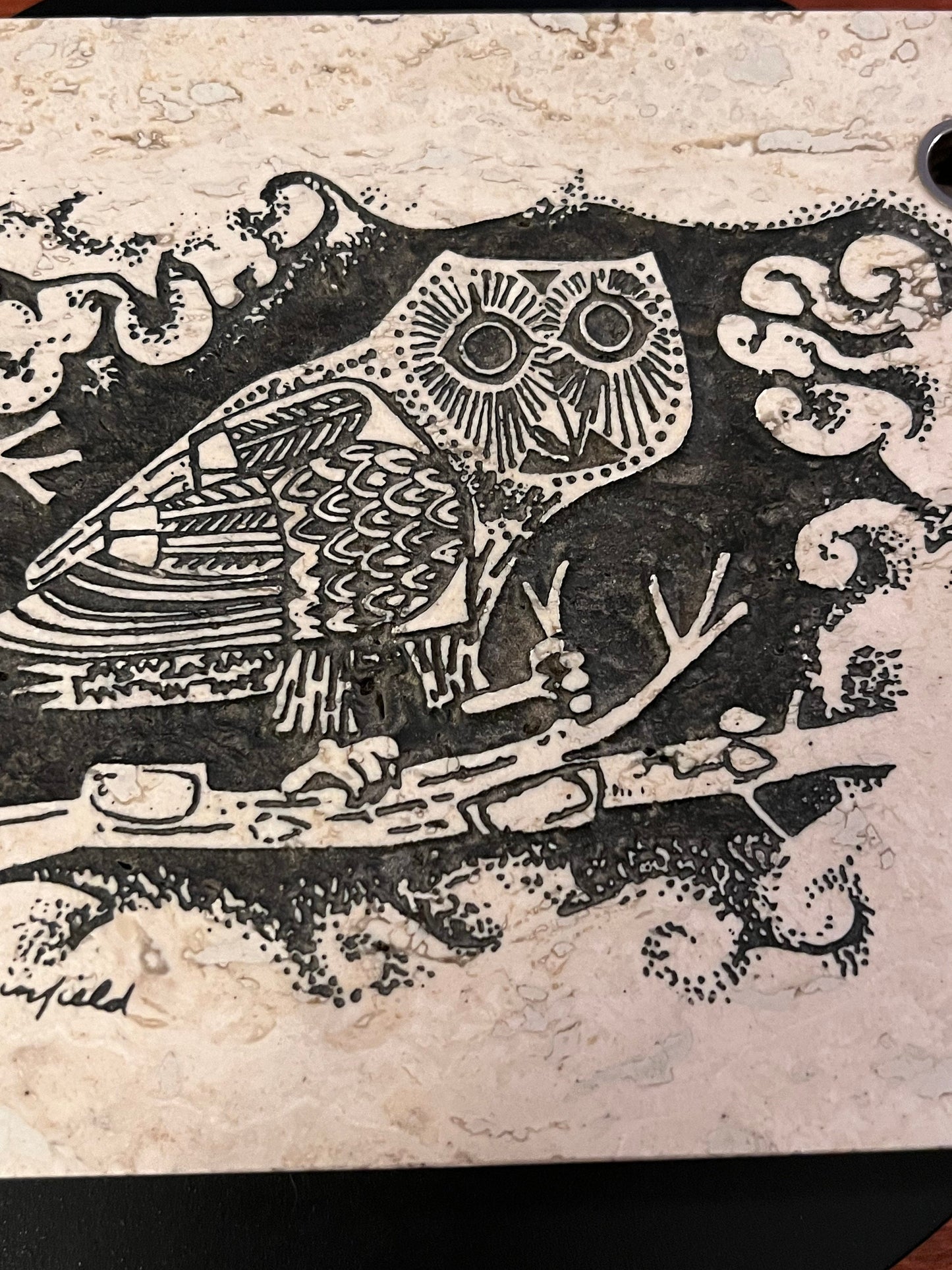 Vintage Owl Etching on Italy Travertine Tile Pen Holder, Signed by Rodney M. Winfield, Owl Stone Carving, Etching of Owl, Lover Antiques