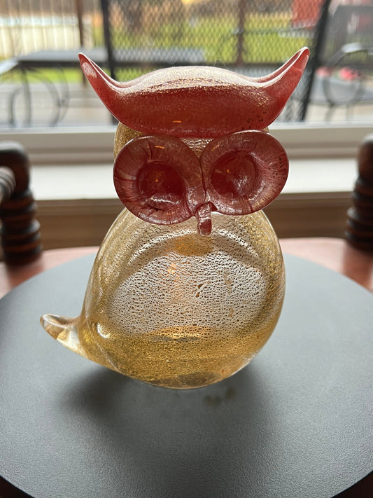 Vintage Murano Glass Owl, 24K Gold Glass, Gold Owl Sculpture, Owl Figurine, Art Glass, Lover Antiques and Vintage