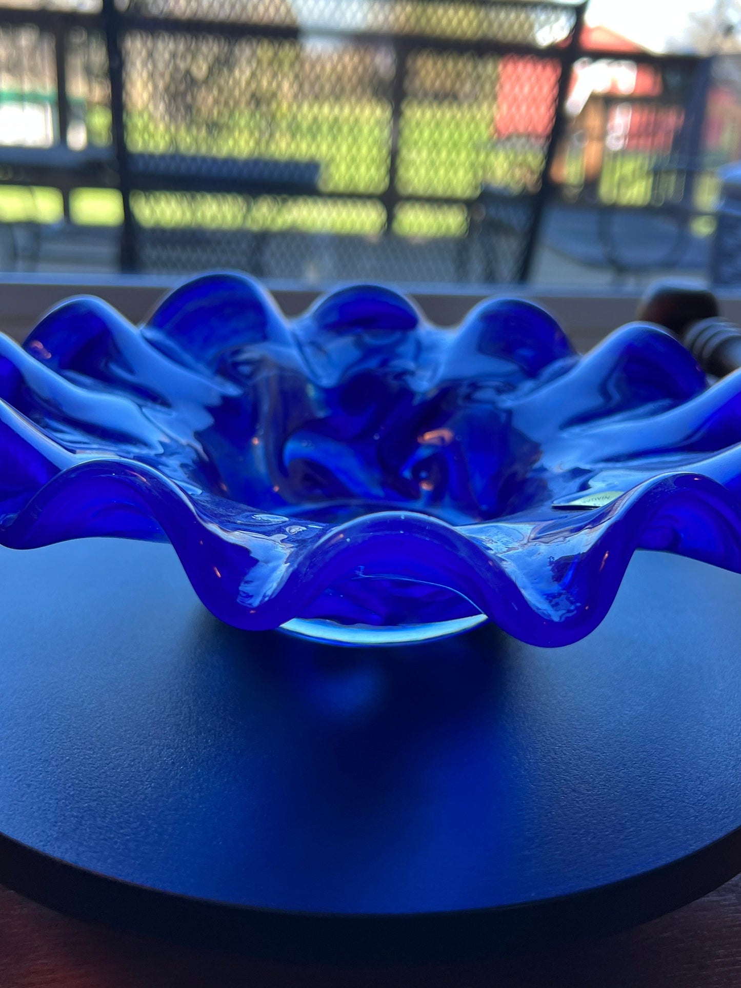 Vintage Rossi Blue Slag Bowl, Ruffled Blue Dish, Blue Glass Container, Glass Art, Lover Antiques and Vintage