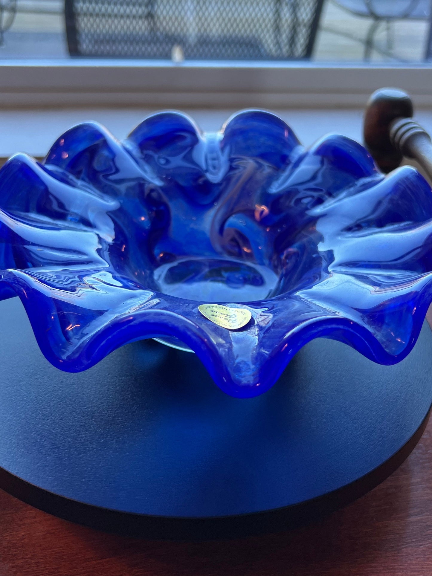 Vintage Rossi Blue Slag Bowl, Ruffled Blue Dish, Blue Glass Container, Glass Art, Lover Antiques and Vintage