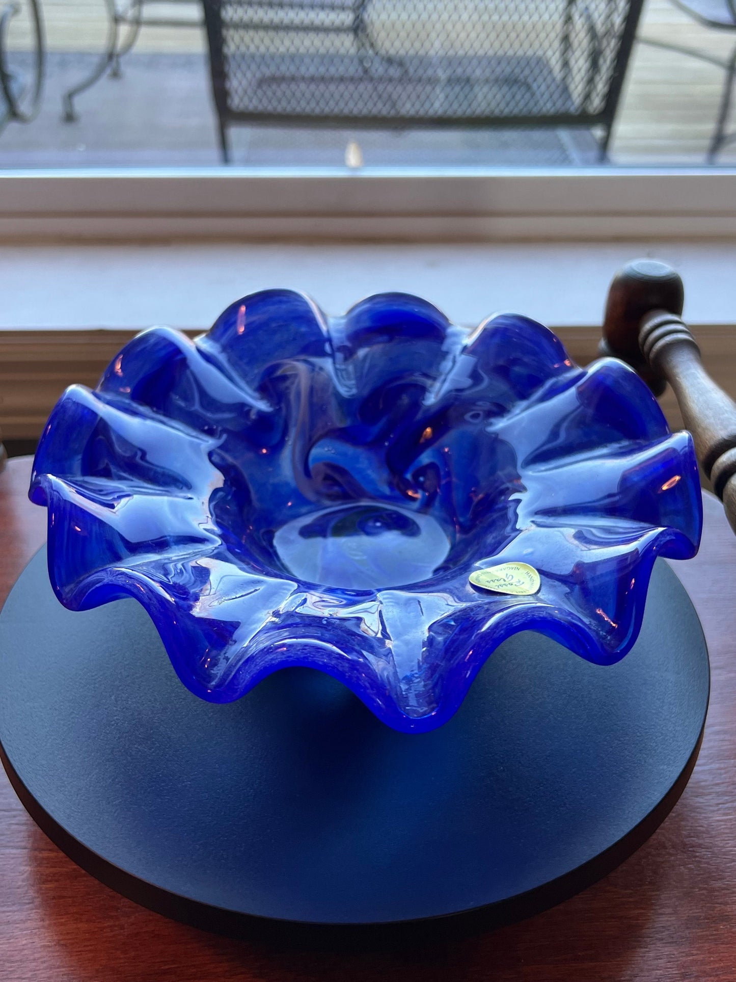 Vintage Rossi Blue Slag Bowl, Ruffled Blue Dish, Blue Glass Container, Glass Art, Lover Antiques and Vintage