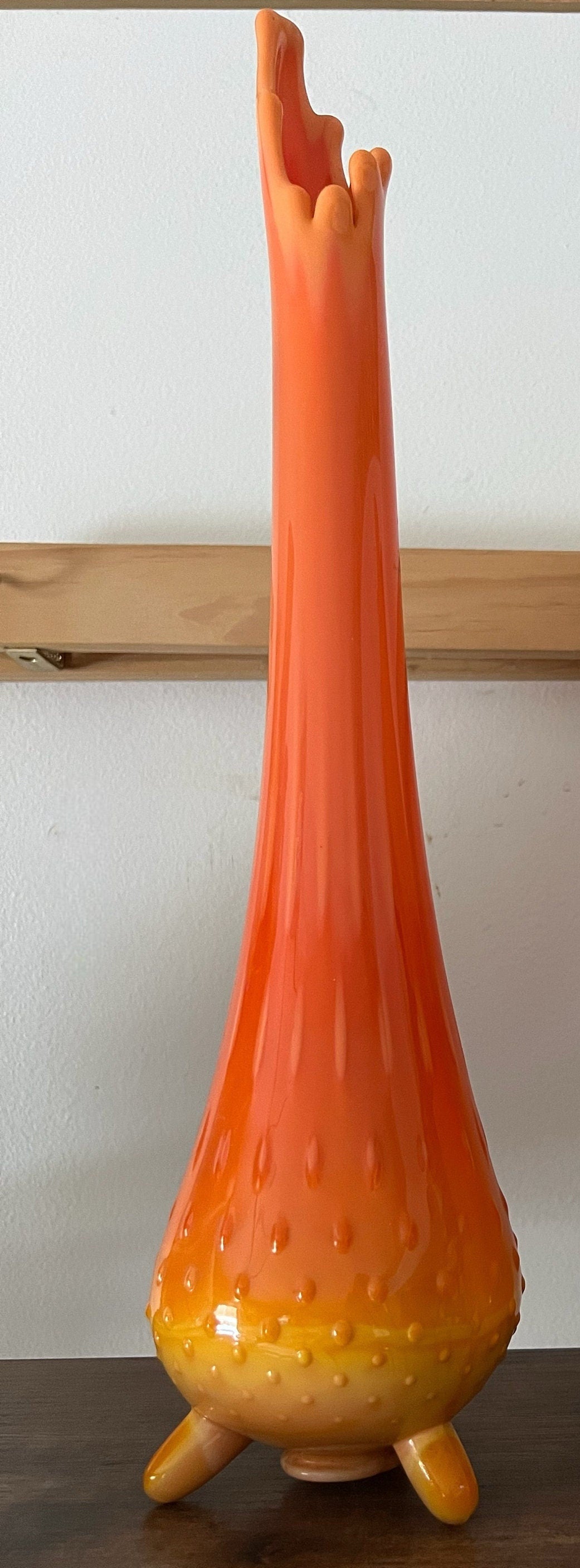 Vintage LE Smith Bittersweet Three Toe Swung Vase Orange Yellow Slag Glass Footed Ruffle Drippy Mid Century Modern Lover Antiques