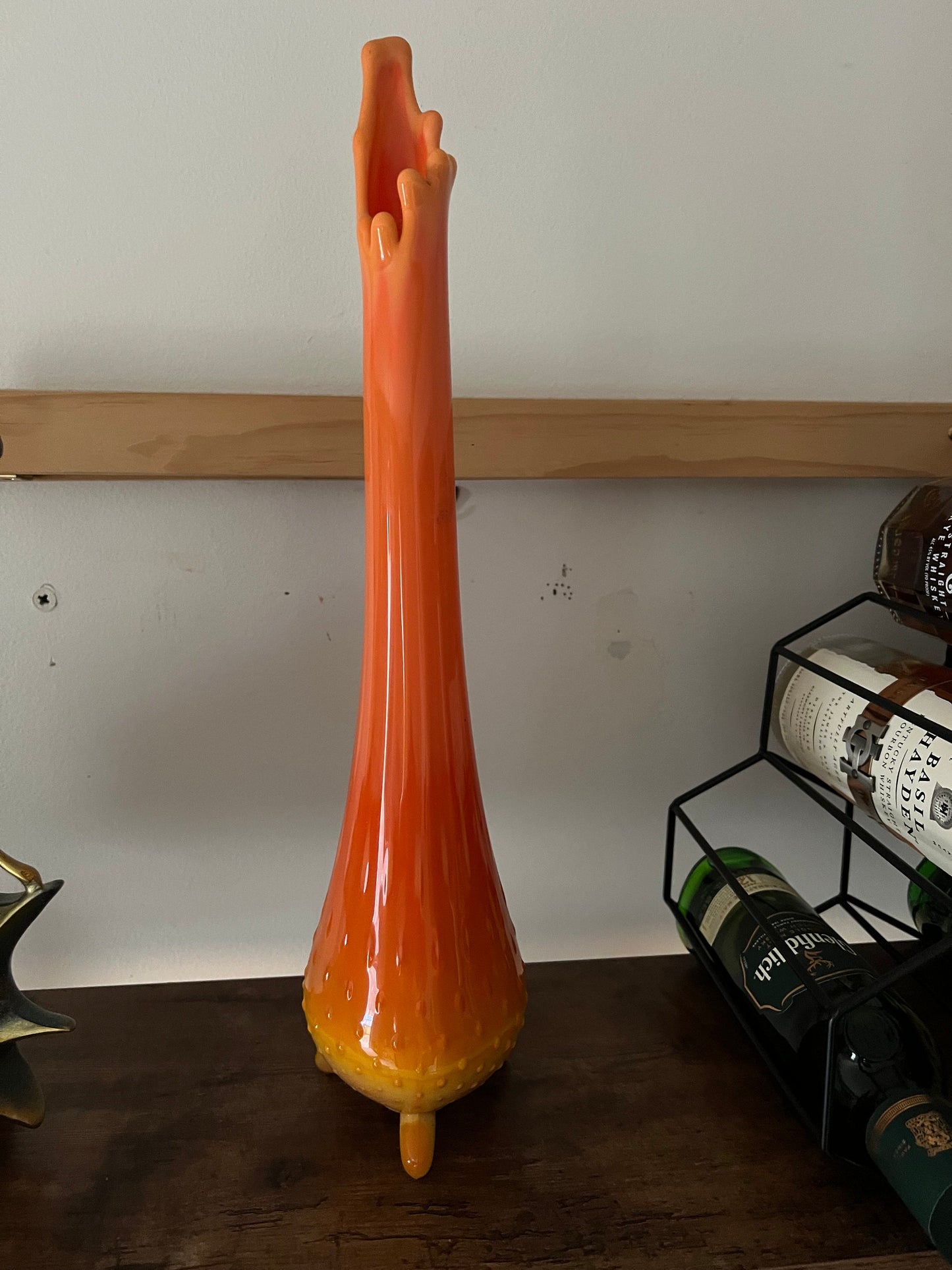Vintage LE Smith Bittersweet Three Toe Swung Vase Orange Yellow Slag Glass Footed Ruffle Drippy Mid Century Modern Lover Antiques