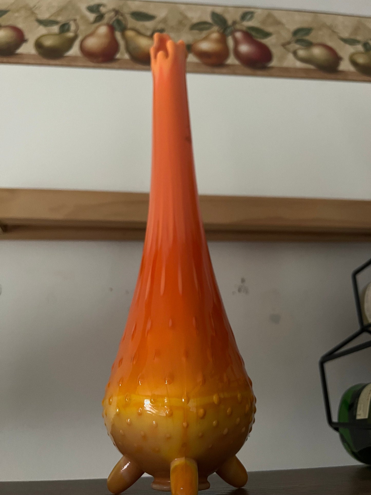 Vintage LE Smith Bittersweet Three Toe Swung Vase Orange Yellow Slag Glass Footed Ruffle Drippy Mid Century Modern Lover Antiques