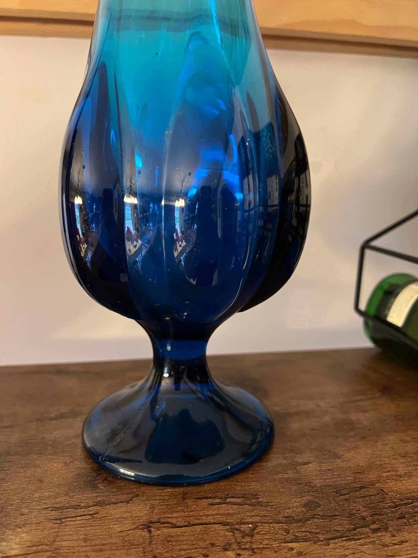 Vintage Viking Epic Blue Swung Vase, Blue Swung Glass Vase, Viking Blue Vase with Pedestal, Lover Antiques and Vintage