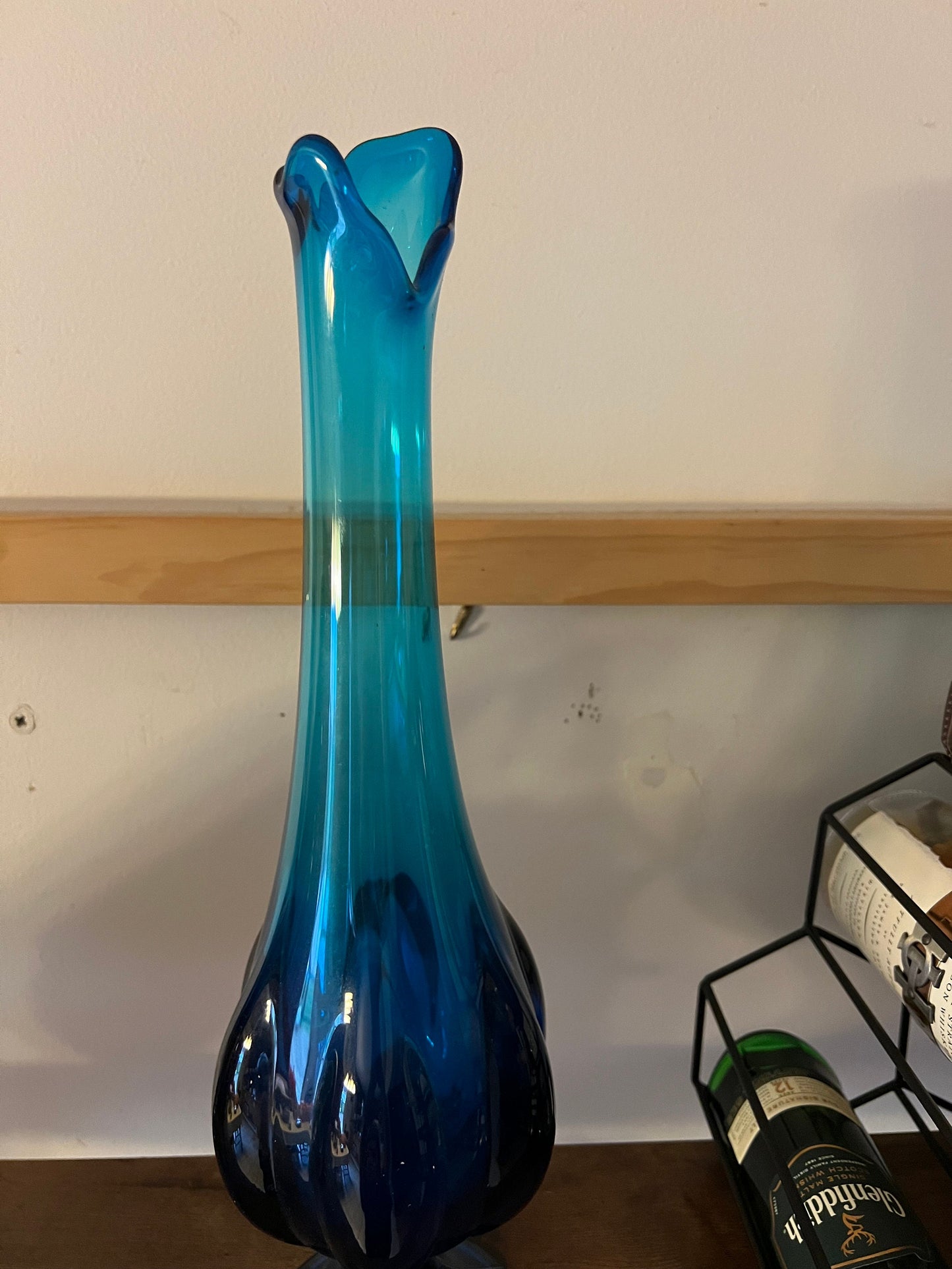 Vintage Viking Epic Blue Swung Vase, Blue Swung Glass Vase, Viking Blue Vase with Pedestal, Lover Antiques and Vintage